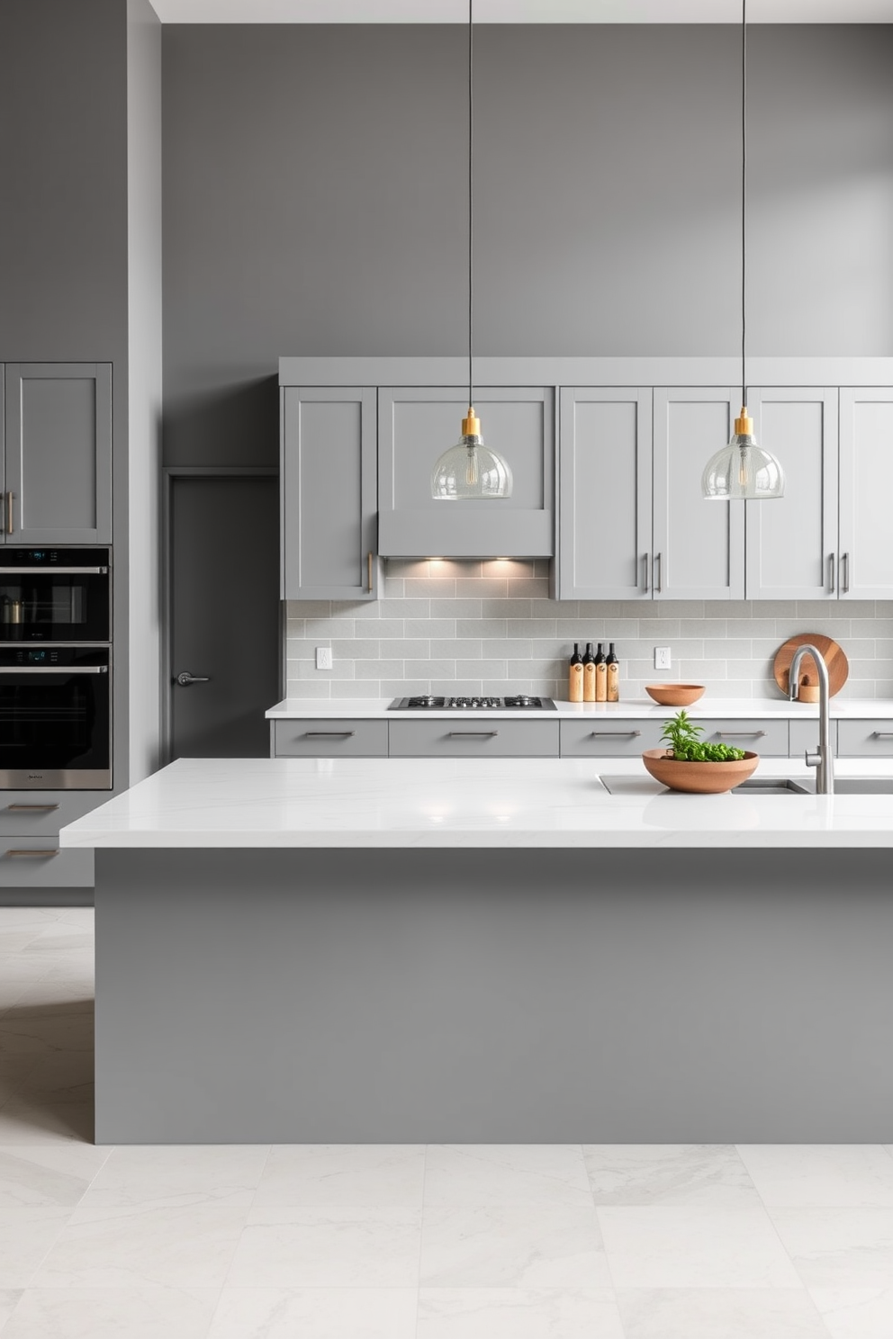 A cozy kitchen featuring rustic gray cabinets adorned with vintage decor elements. The space includes a farmhouse sink, open shelving with antique dishware, and a wooden dining table set against a backdrop of exposed brick walls.