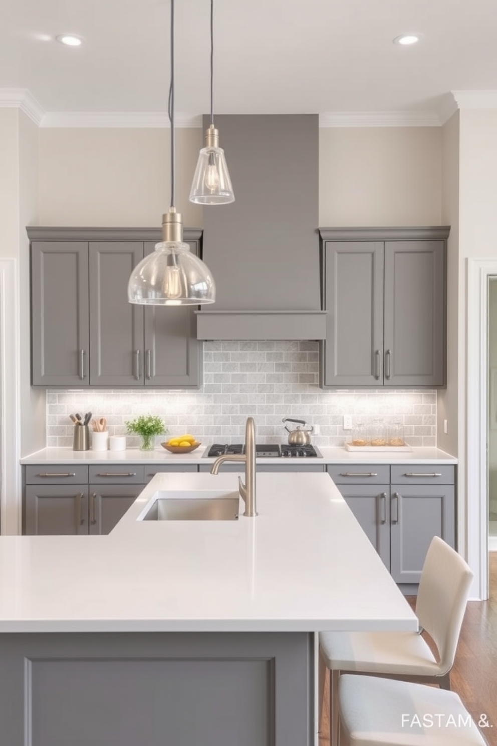 A contemporary kitchen featuring gray cabinetry with sleek lines and white trim that enhances the overall brightness of the space. The countertops are a polished white quartz, and the backsplash consists of subtle gray tiles that create a cohesive look. A large kitchen island with bar seating invites gatherings and meal preparation. Pendant lighting with a modern design hangs above, adding a stylish touch to this functional area.