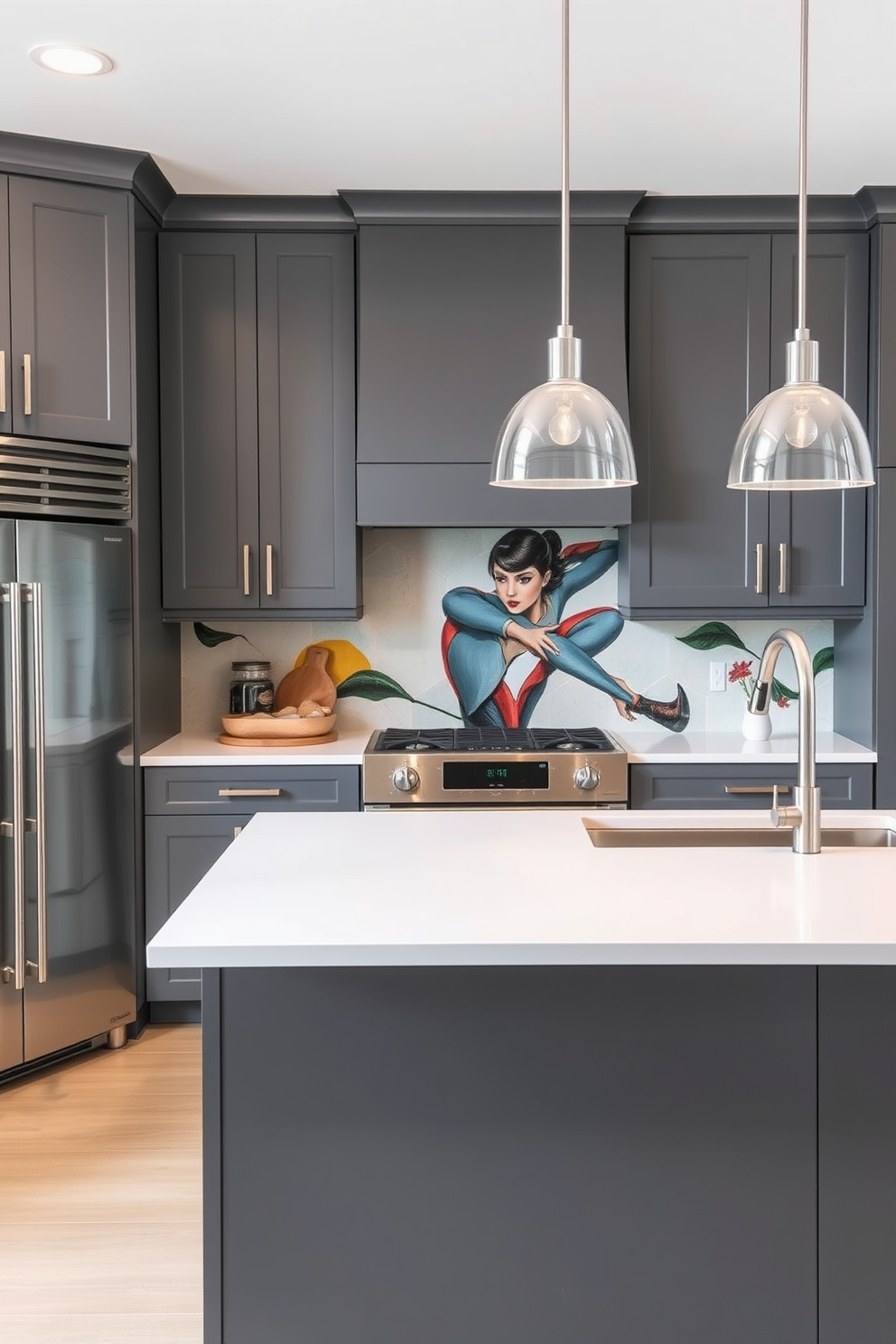 A sophisticated gray kitchen featuring textured finishes. The cabinetry has a matte gray finish with sleek stainless steel handles, complemented by a polished concrete countertop. The backsplash showcases a unique hexagonal tile pattern in varying shades of gray. A large island in the center is topped with a darker gray stone and adorned with stylish bar stools.