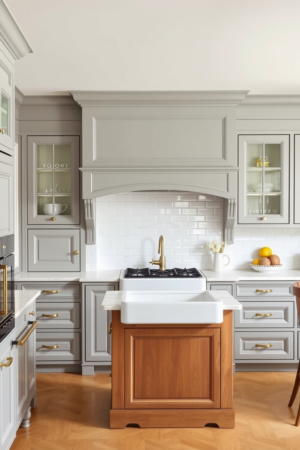 A timeless gray kitchen featuring classic elements. The cabinetry is a soft gray with intricate moldings, complemented by a white marble countertop and a farmhouse sink. The backsplash consists of glossy white subway tiles, adding a touch of elegance. A large wooden island in the center provides ample space for meal prep and casual dining.