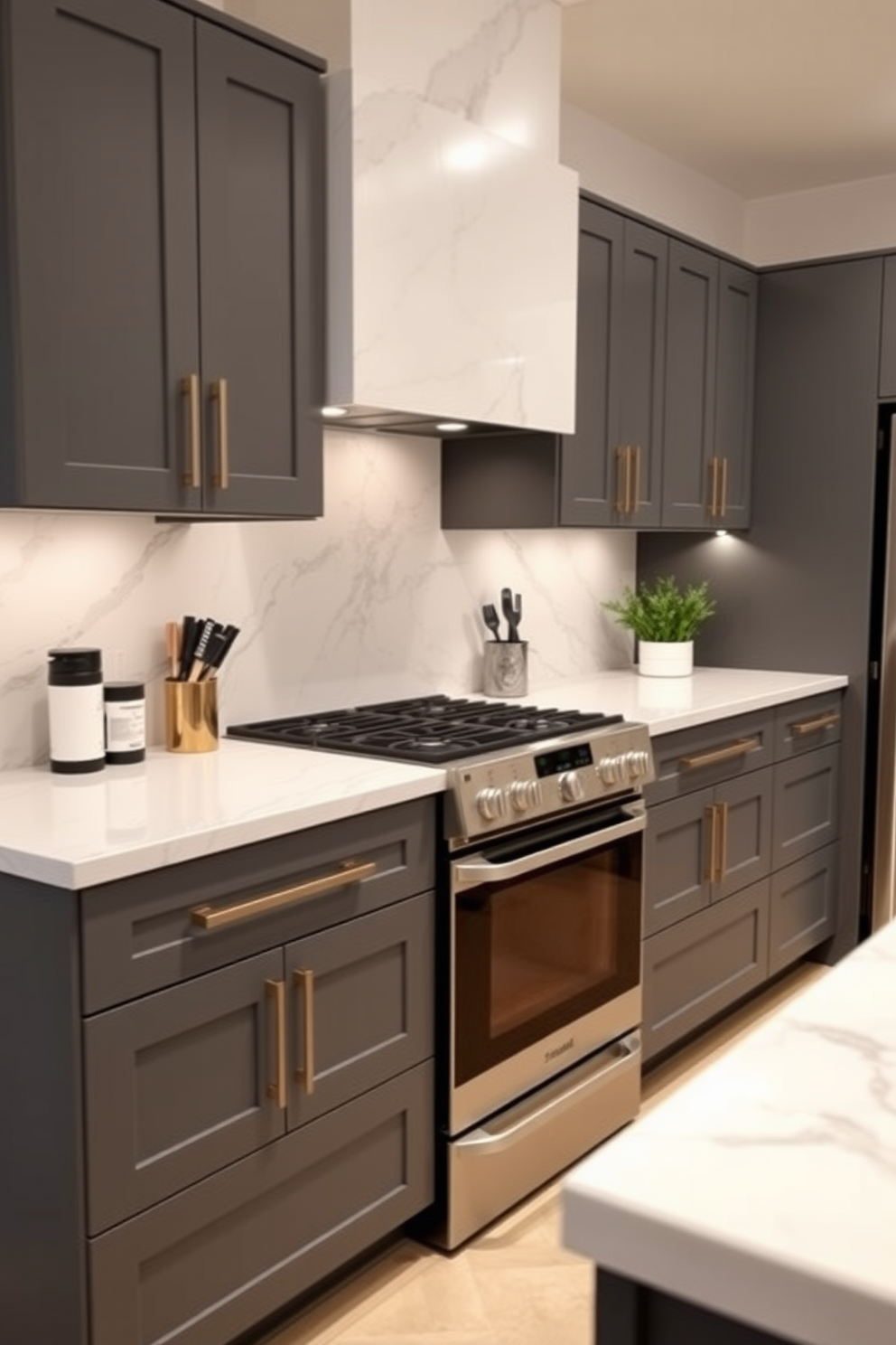 A modern gray kitchen features shaker cabinets with a sleek marble backsplash that adds a touch of elegance. The space is complemented by stainless steel appliances and warm wooden accents that create a welcoming atmosphere.