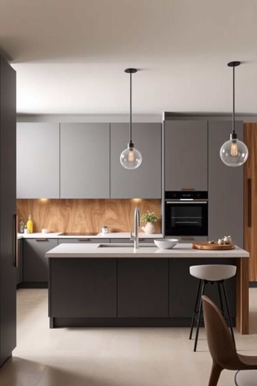 A modern kitchen featuring charcoal gray cabinets with rich wood accents. The cabinetry is complemented by sleek stainless steel appliances and a large island with a white quartz countertop.