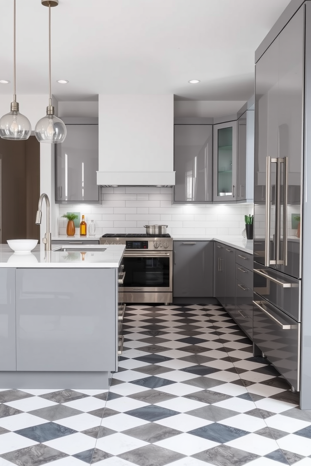 A contemporary kitchen featuring gray and white checkerboard flooring creates a striking visual contrast. The cabinetry is sleek and modern, with a glossy finish that complements the flooring beautifully. Stainless steel appliances add a touch of sophistication, while a large island with bar seating serves as a functional centerpiece. Soft pendant lighting hangs above the island, enhancing the inviting atmosphere of the space.