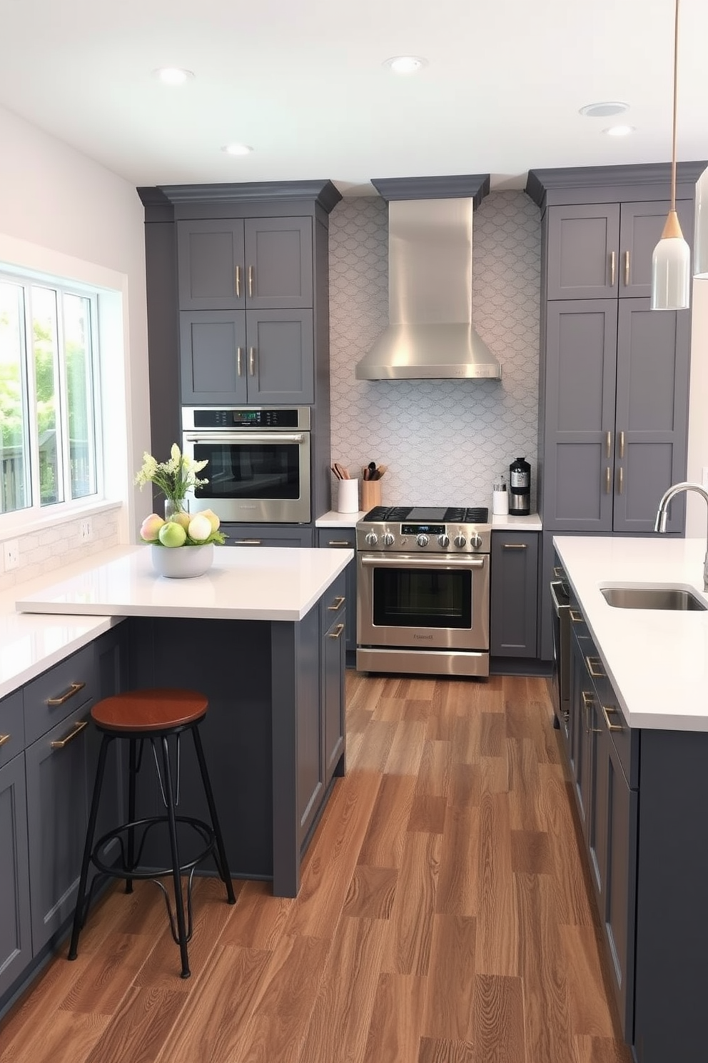 A contemporary kitchen featuring a two-tone color scheme with gray cabinetry and white countertops. The island in the center is topped with a white quartz surface, complemented by sleek gray bar stools. The walls are painted in a soft gray, creating a cohesive look with the cabinets. Stainless steel appliances add a modern touch, while pendant lights hang above the island, providing warm illumination.