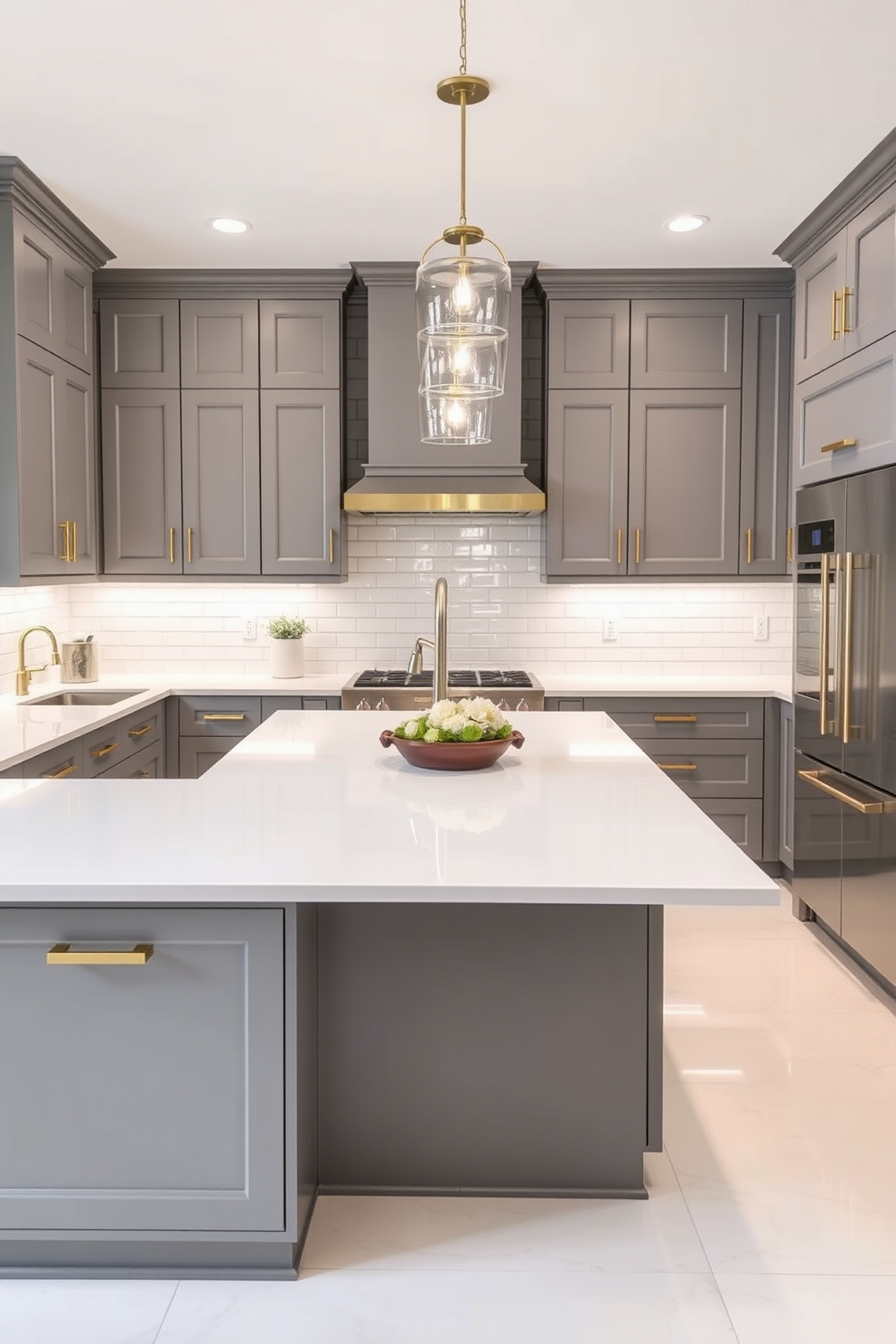 A modern kitchen featuring gray cabinets with sleek brass hardware. The countertops are a crisp white quartz, complementing the cabinetry and adding brightness to the space. The backsplash consists of glossy subway tiles in a soft gray hue. A large island with bar seating is positioned in the center, adorned with decorative pendant lighting above.