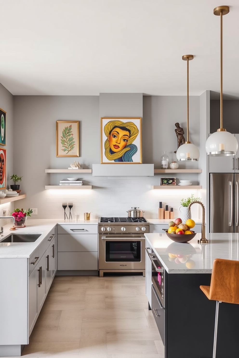 A modern kitchen featuring soft gray walls adorned with vibrant artwork and decorative accents. The cabinetry is sleek with a mix of open shelving and closed storage, complemented by stainless steel appliances and a large island with bar seating.