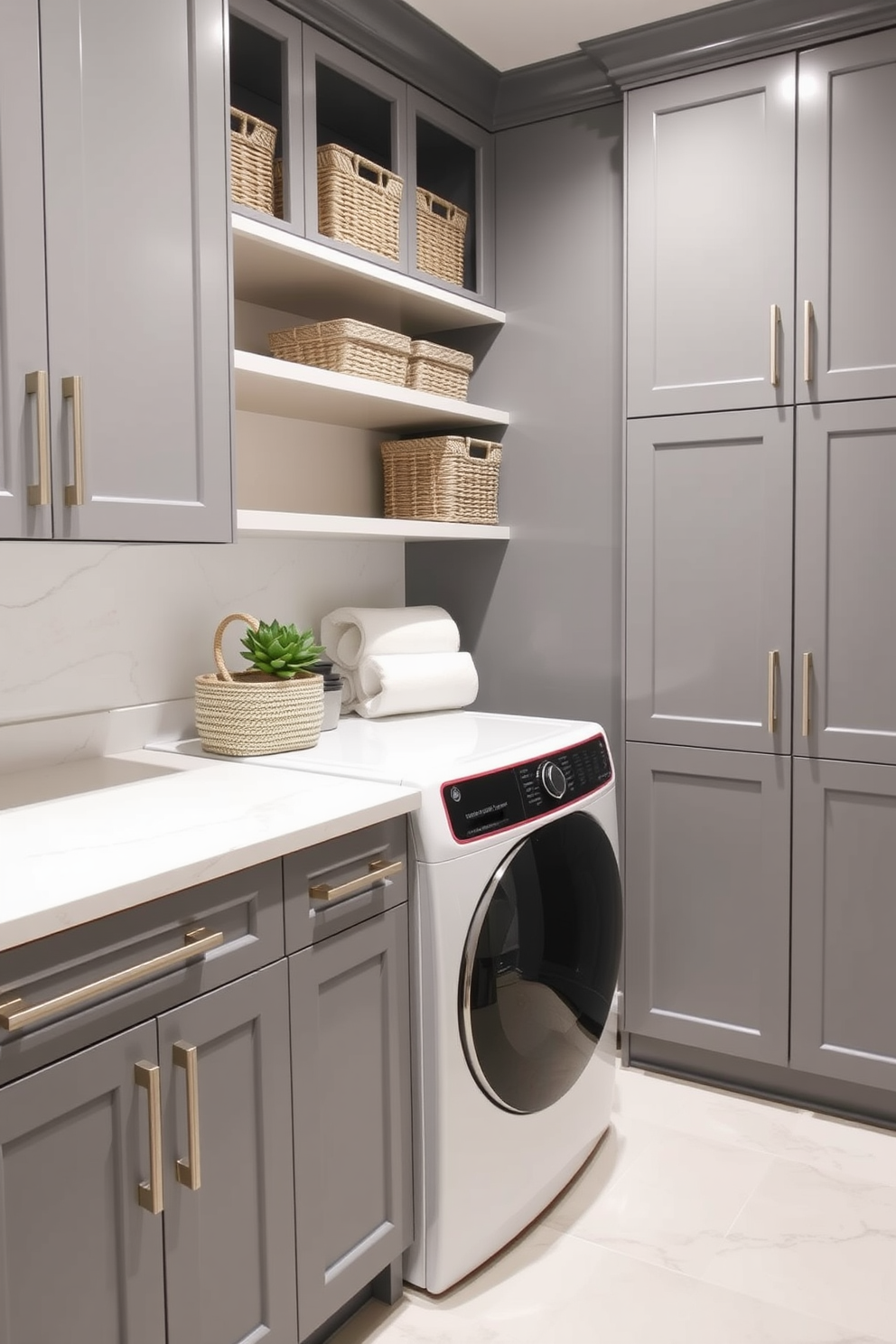 A sleek gray laundry room features modern cabinets with a glossy finish and white quartz countertops that provide a clean and elegant look. The space is well-organized, with built-in shelving above the washer and dryer, and stylish baskets for storage, creating a functional yet aesthetically pleasing environment.