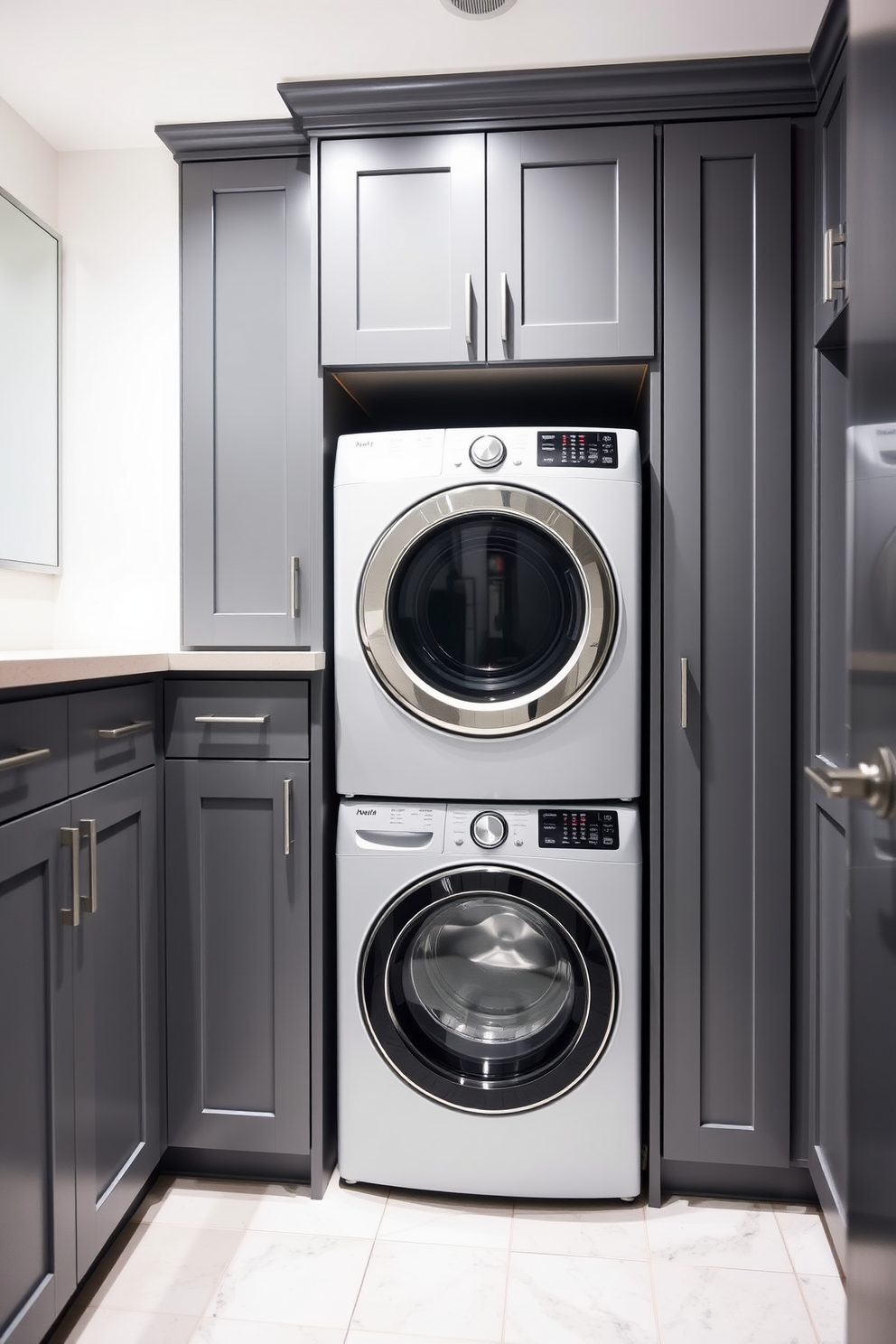 A modern laundry room featuring a stacked washer and dryer seamlessly integrated into sleek gray cabinetry. The space is illuminated by bright overhead lighting, and a stylish countertop extends above the appliances for added functionality.