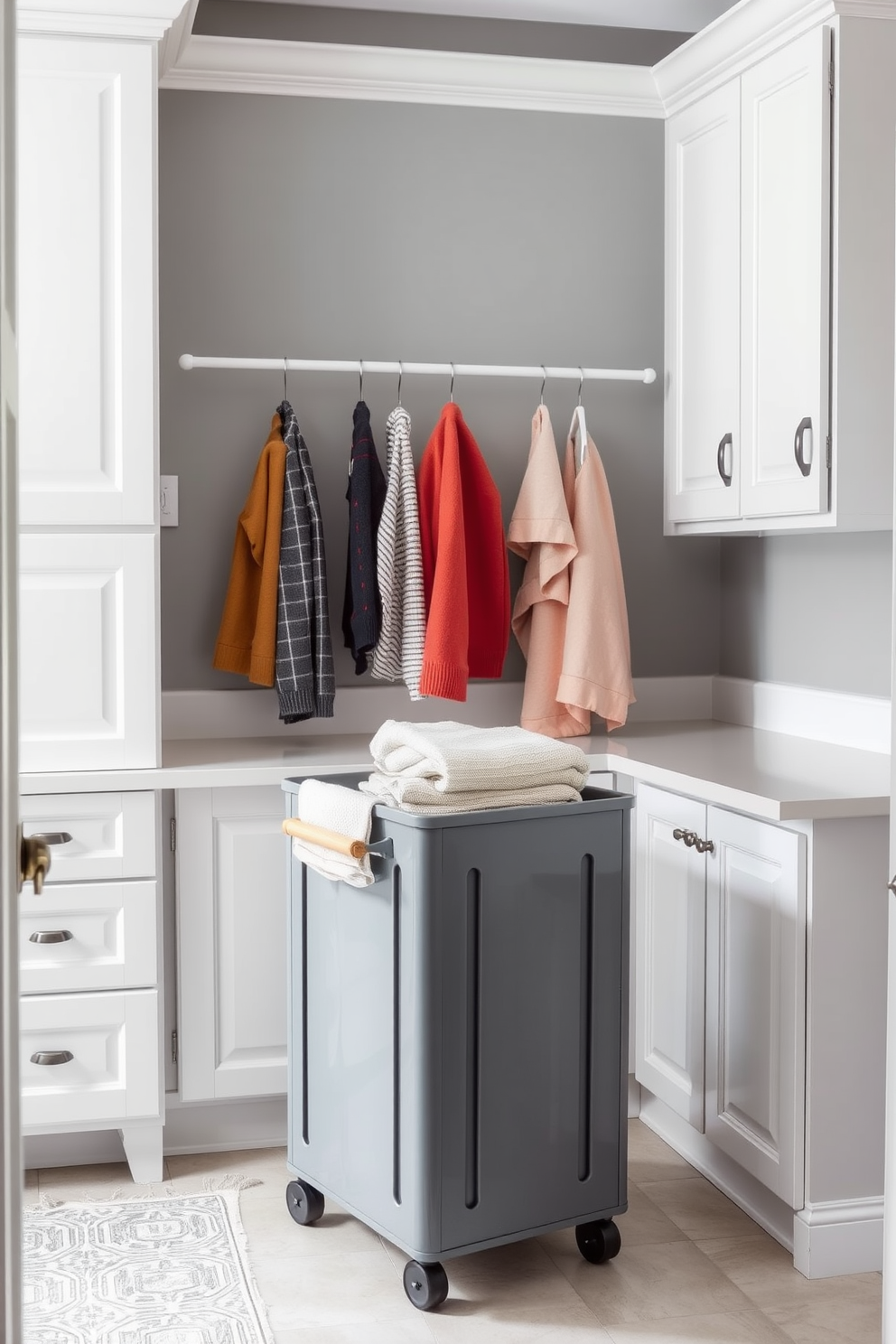 A stylish laundry room featuring a gray laundry cart with wooden handles. The walls are painted in a soft gray hue, complemented by white cabinetry and a spacious countertop for folding clothes.