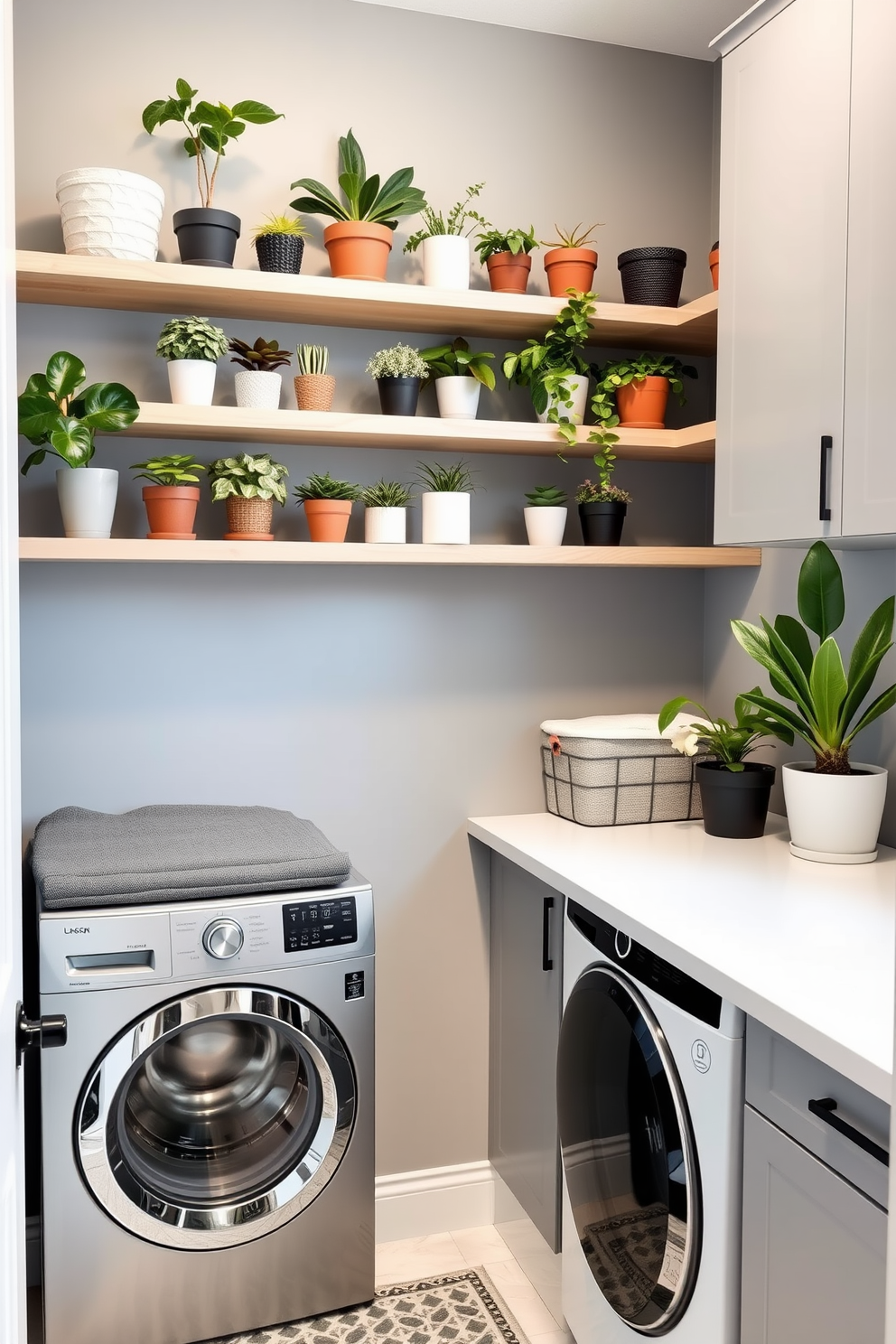 A modern laundry room featuring floating shelves adorned with various potted plants. The walls are painted in a soft gray hue, complemented by sleek cabinetry and a functional countertop for folding clothes.