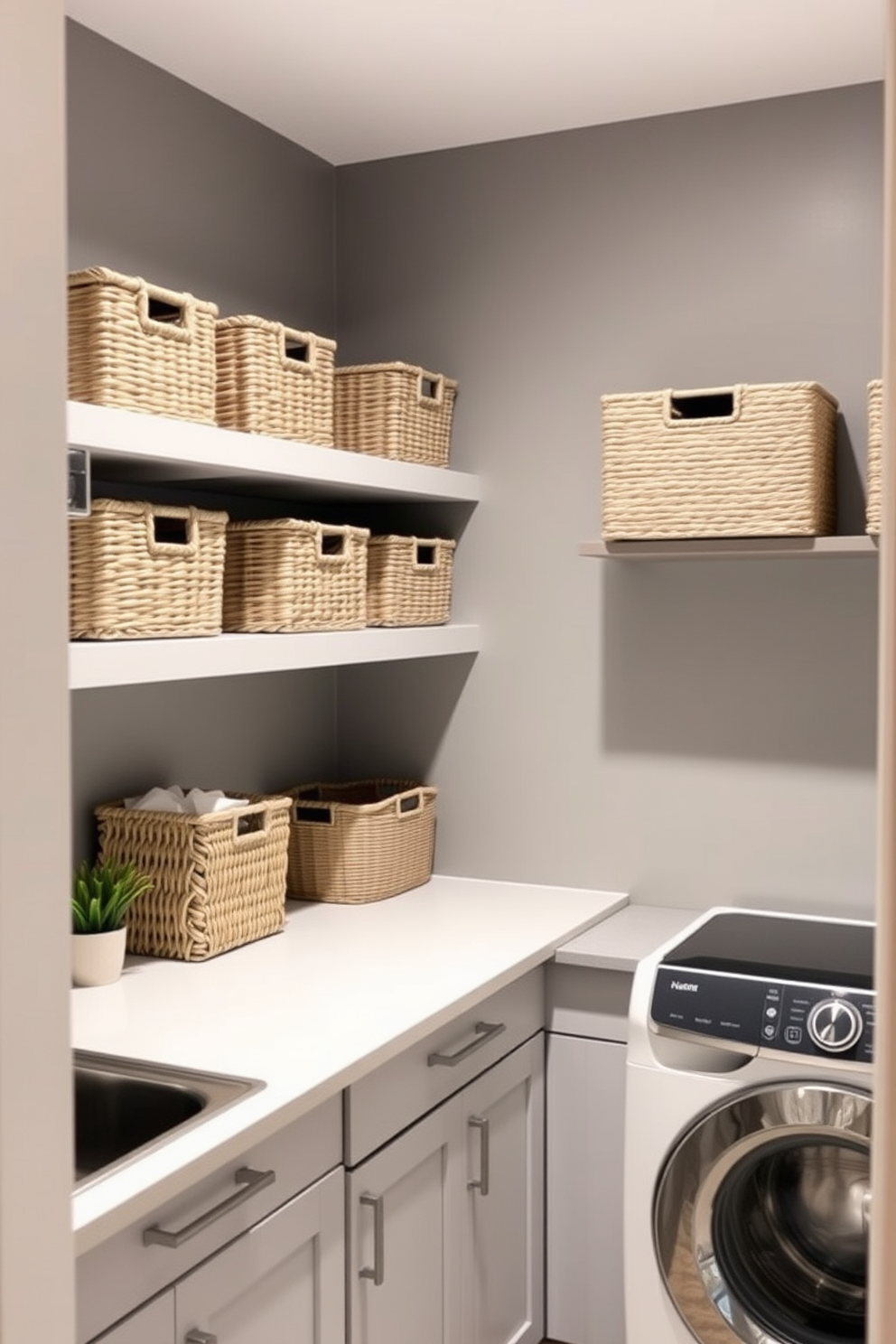 A stylish gray laundry room features woven baskets neatly arranged on open shelving for organized storage. The walls are painted in a soft gray hue, complemented by a sleek countertop and modern appliances that enhance functionality.