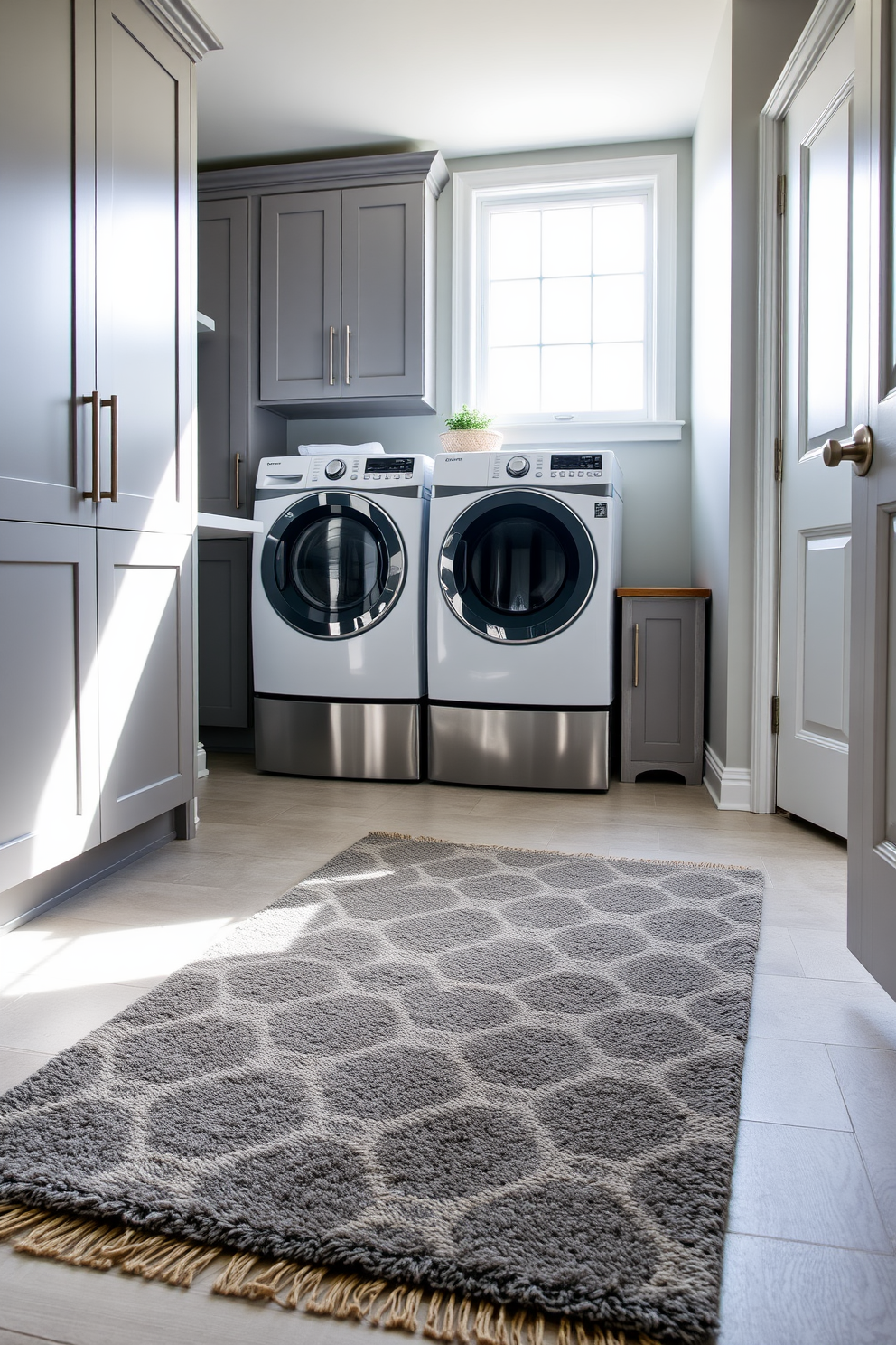 A chic laundry room featuring sleek gray cabinetry and a large countertop for folding clothes. Above the workspace, stylish pendant lights hang, providing both illumination and a modern touch to the overall design.