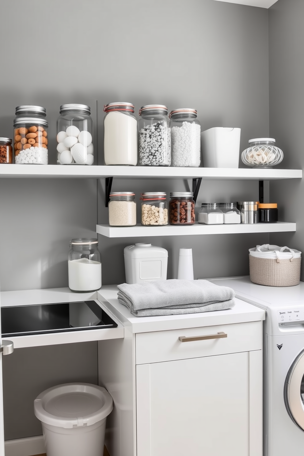 A modern laundry room featuring glass jars filled with various laundry supplies neatly arranged on open shelving. The walls are painted in a soft gray hue, complemented by sleek white cabinetry and a stylish countertop for folding clothes.