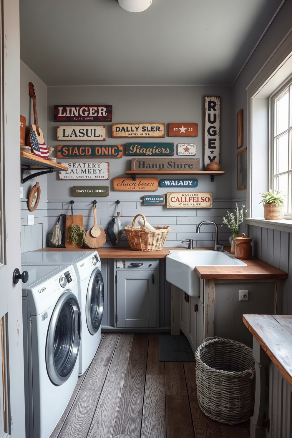 A vintage laundry room featuring distressed wooden cabinets and a farmhouse sink. The walls are adorned with various vintage signs that add a rustic charm to the space while a gray color palette creates a calming atmosphere. The flooring consists of reclaimed wood planks, enhancing the rustic feel. Natural light floods in through a large window, illuminating the room and highlighting decorative baskets for storage.