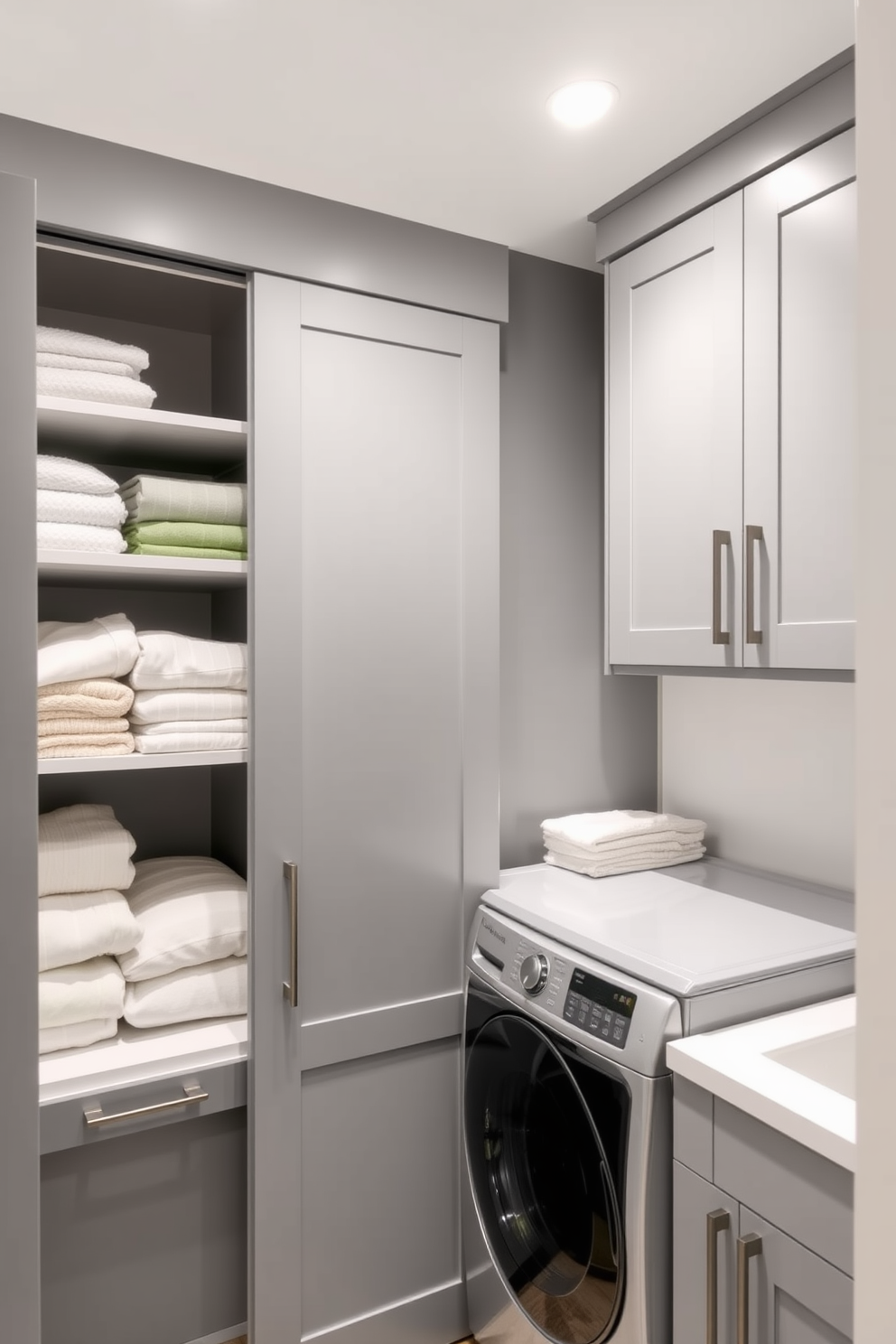 A linen closet with gray sliding doors features organized shelves filled with neatly folded towels and linens. The room is well-lit with recessed lighting, creating a clean and inviting atmosphere. The gray laundry room is designed with a modern aesthetic, showcasing a sleek washer and dryer set. A countertop for folding clothes and a utility sink are conveniently placed next to the appliances, enhancing functionality and style.