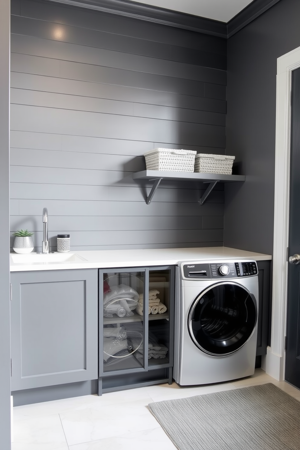 A sleek utility cart with multiple shelves sits against the wall in a modern gray laundry room. The cart features a minimalist design with smooth wheels for easy mobility and is adorned with neatly organized laundry supplies. The walls are painted in a soft gray hue, complemented by white cabinetry that provides ample storage. A large window allows natural light to flood the space, creating an inviting atmosphere for laundry tasks.