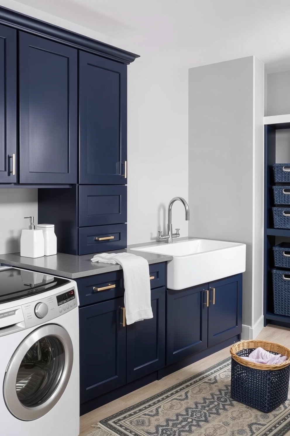 A bright gray laundry room featuring framed mirrors strategically placed to enhance natural light. The room is adorned with sleek cabinetry and a spacious countertop for folding clothes, creating a functional yet stylish space.