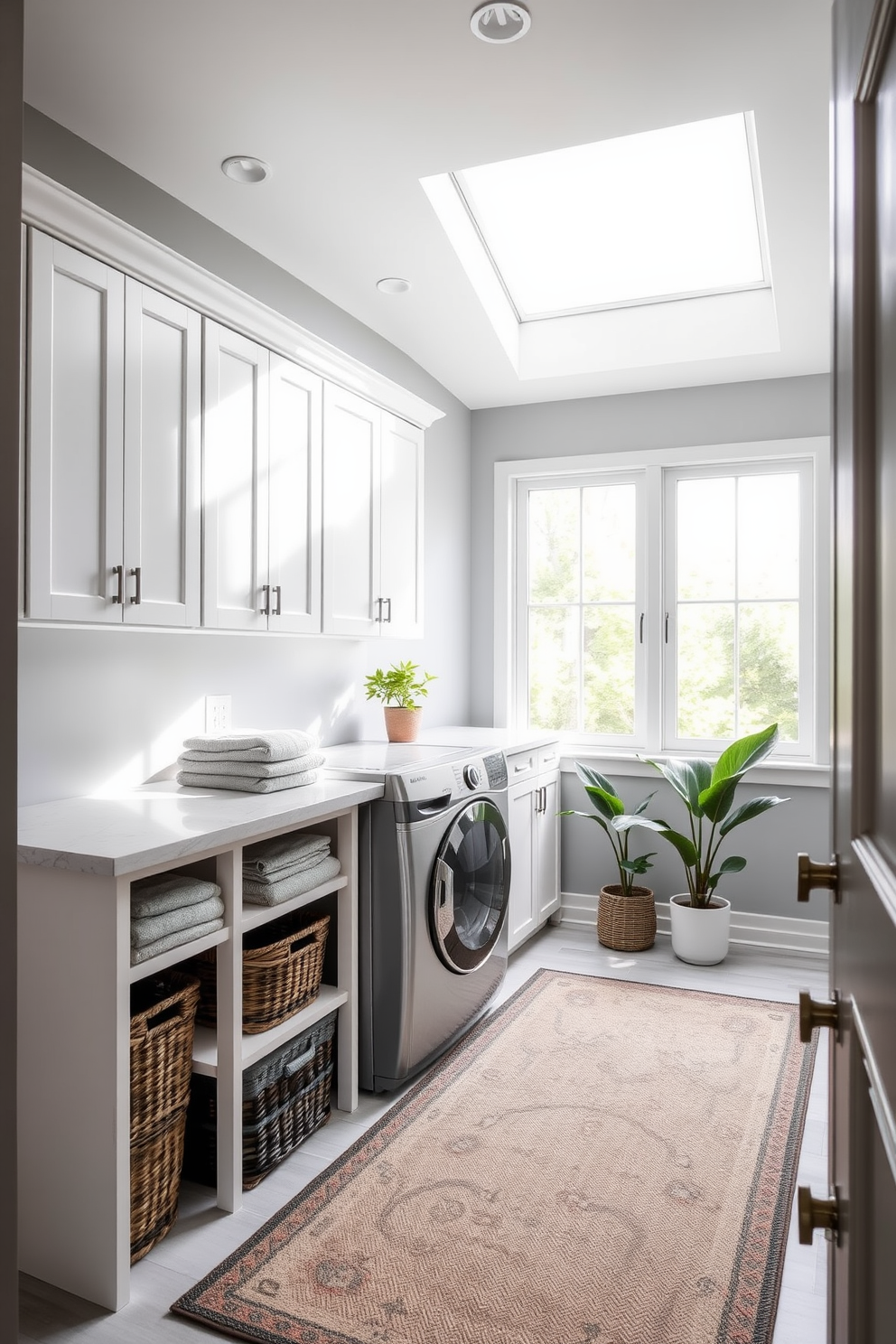 A bright and airy laundry room features large gray windows that allow natural light to flood the space. The walls are painted in a soft gray hue, complemented by sleek white cabinetry and a spacious countertop for folding clothes. The room includes a modern washer and dryer stacked for efficiency, with decorative baskets neatly arranged below. A stylish rug adds warmth to the floor, while potted plants bring a touch of greenery to the clean, organized environment.