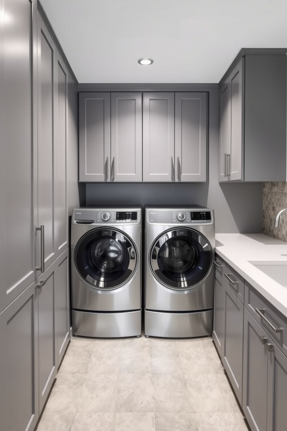 A minimalist laundry room featuring sleek gray cabinetry and a streamlined countertop. The walls are painted in a soft gray tone, complemented by a stylish gray backsplash and modern appliances.