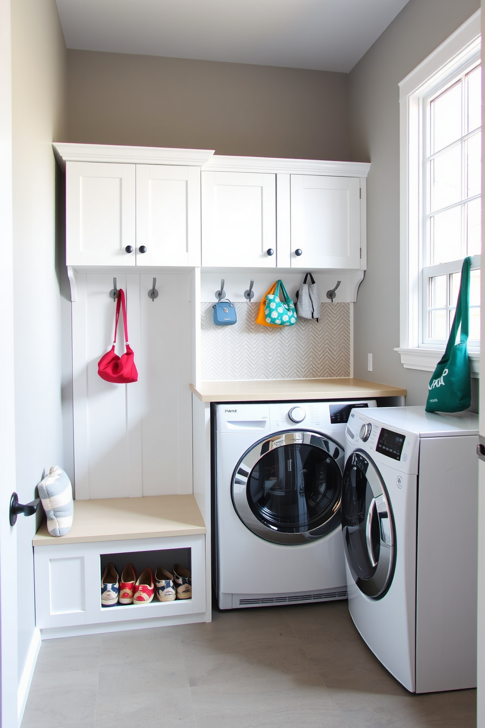 A dual-purpose laundry and mudroom space features a combination of functionality and style. The walls are painted in a soft gray tone, creating a calm and inviting atmosphere. A large, sturdy bench with built-in storage is positioned against one wall, providing a convenient spot for removing shoes. Adjacent to the bench, a set of white cabinets offers ample storage for cleaning supplies and household items. The laundry appliances are neatly integrated into the cabinetry, with a countertop above for folding clothes. A stylish backsplash in a subtle geometric pattern adds visual interest behind the washer and dryer. Natural light floods the room through a large window, enhancing the airy feel. Decorative hooks line the wall, showcasing colorful bags and accessories for a personal touch.