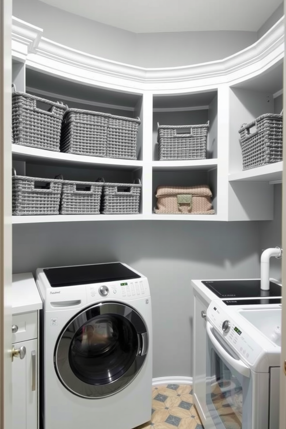 A stylish gray laundry room features open shelving lined with neatly arranged gray baskets. The walls are painted in a soft gray hue, complemented by sleek white cabinetry and modern appliances.