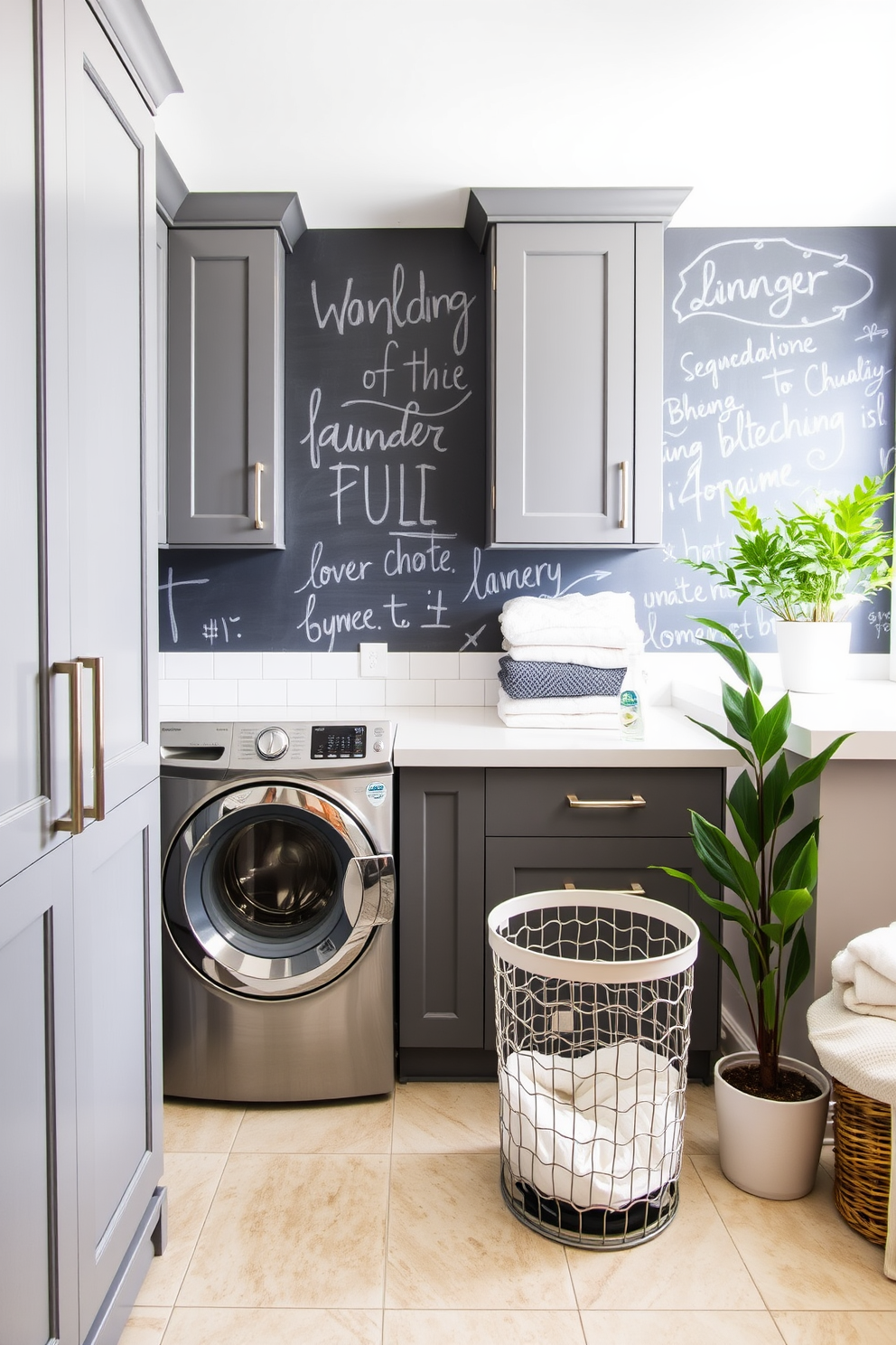 A stylish laundry room featuring a gray chalkboard wall that adds a modern touch. The space includes sleek gray cabinetry with ample storage and a large white countertop for folding clothes. Bright lighting illuminates the room, enhancing the clean and organized feel. A practical laundry basket sits in one corner, while a potted plant adds a touch of greenery to the design.