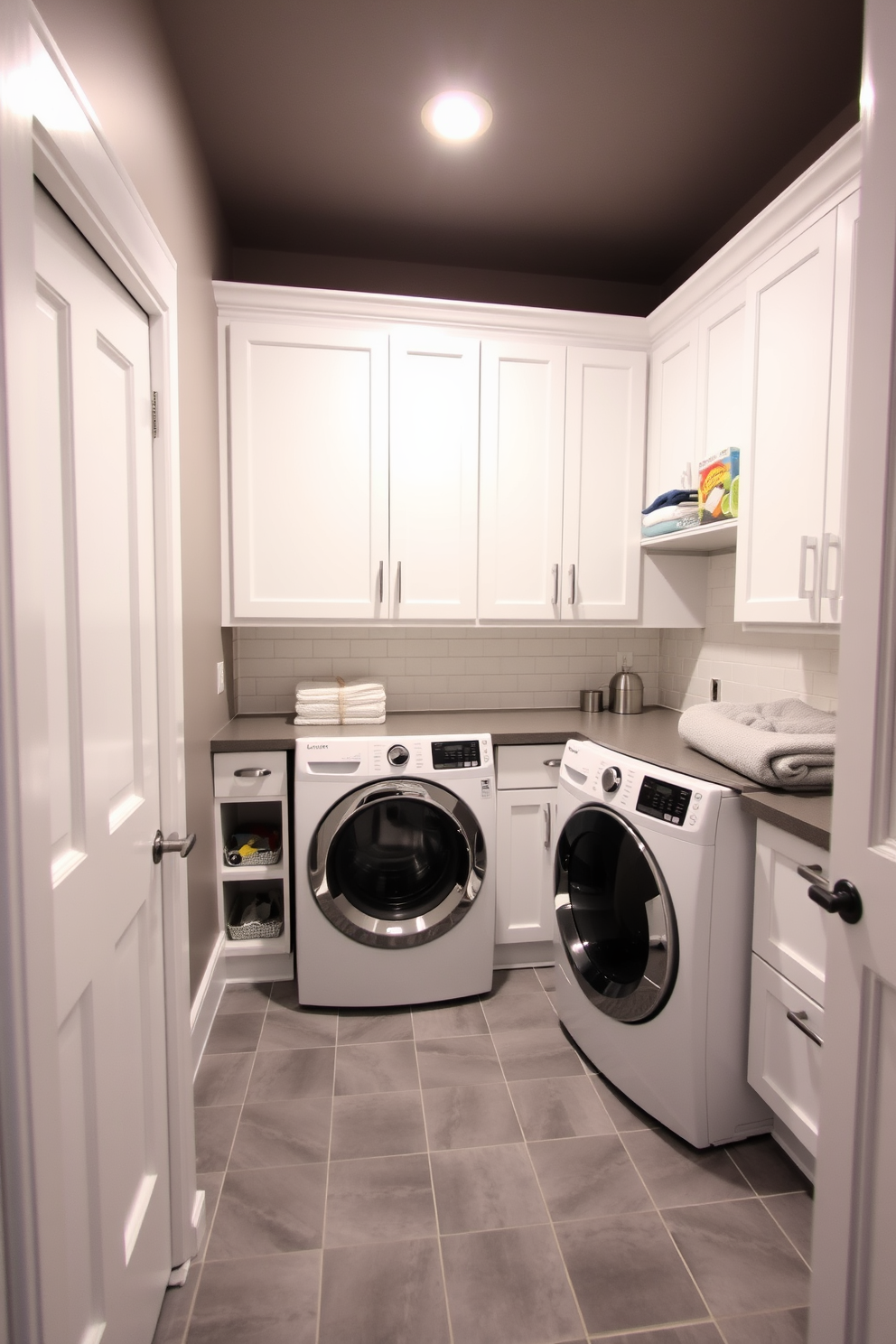 A vintage style laundry sink with a polished brass faucet takes center stage in a charming gray laundry room. The walls are adorned with soft gray shiplap, while the floor features classic black and white checkered tiles for a timeless appeal.