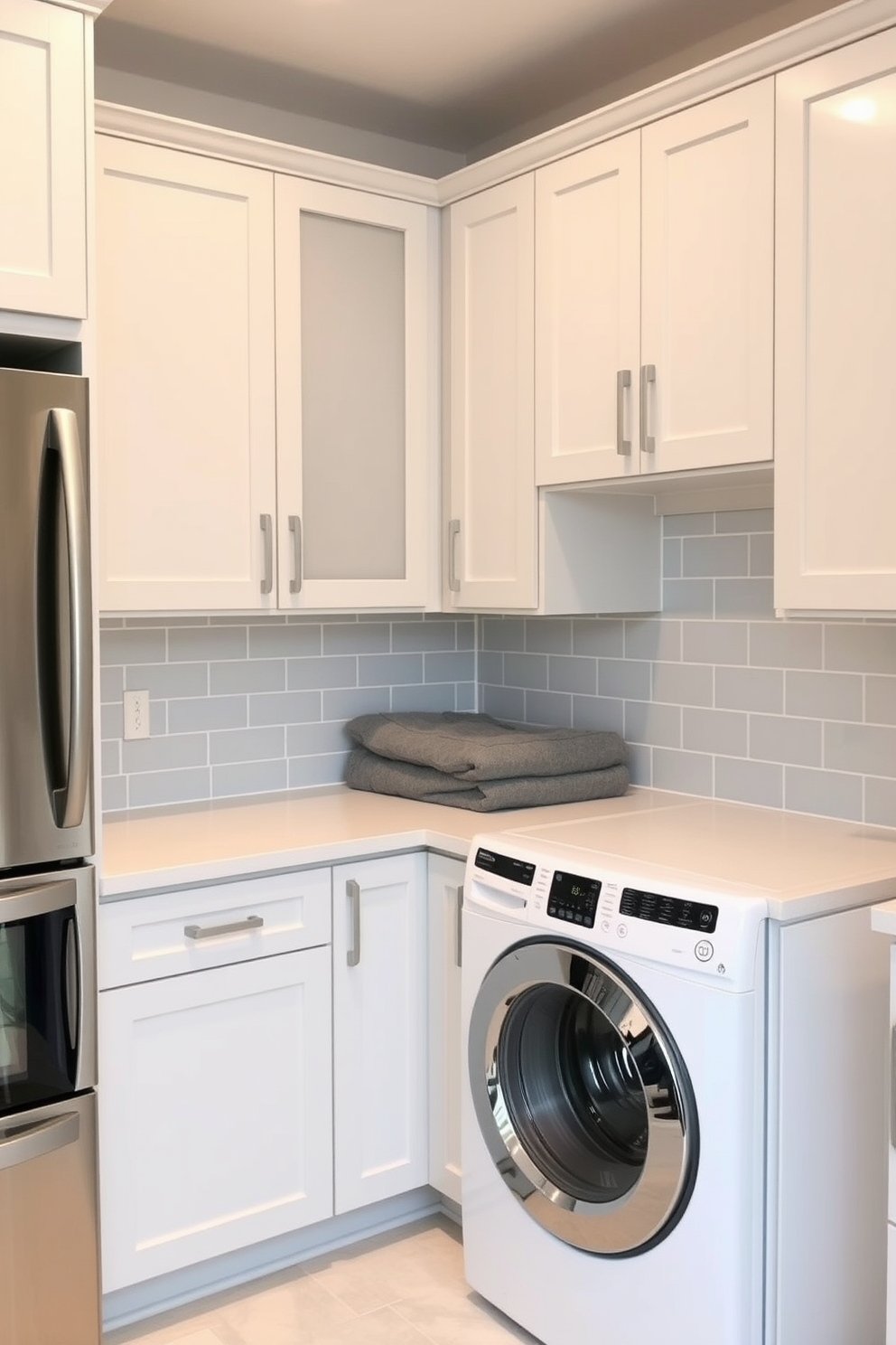 Bright wallpaper creates a cheerful atmosphere in the laundry room. The walls are adorned with a vibrant floral pattern, adding a pop of color to the space. The laundry appliances are sleek and modern, with a white finish that complements the wallpaper. A spacious countertop made of light wood offers a practical area for folding clothes, while open shelving displays neatly organized baskets and decorative items.