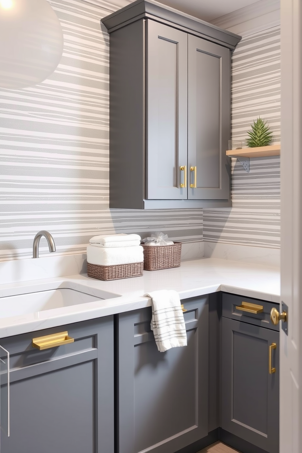 A modern laundry room features a built-in ironing board seamlessly integrated into the cabinetry for convenience. The space is adorned with gray cabinetry and sleek countertops, creating a sophisticated and functional environment.