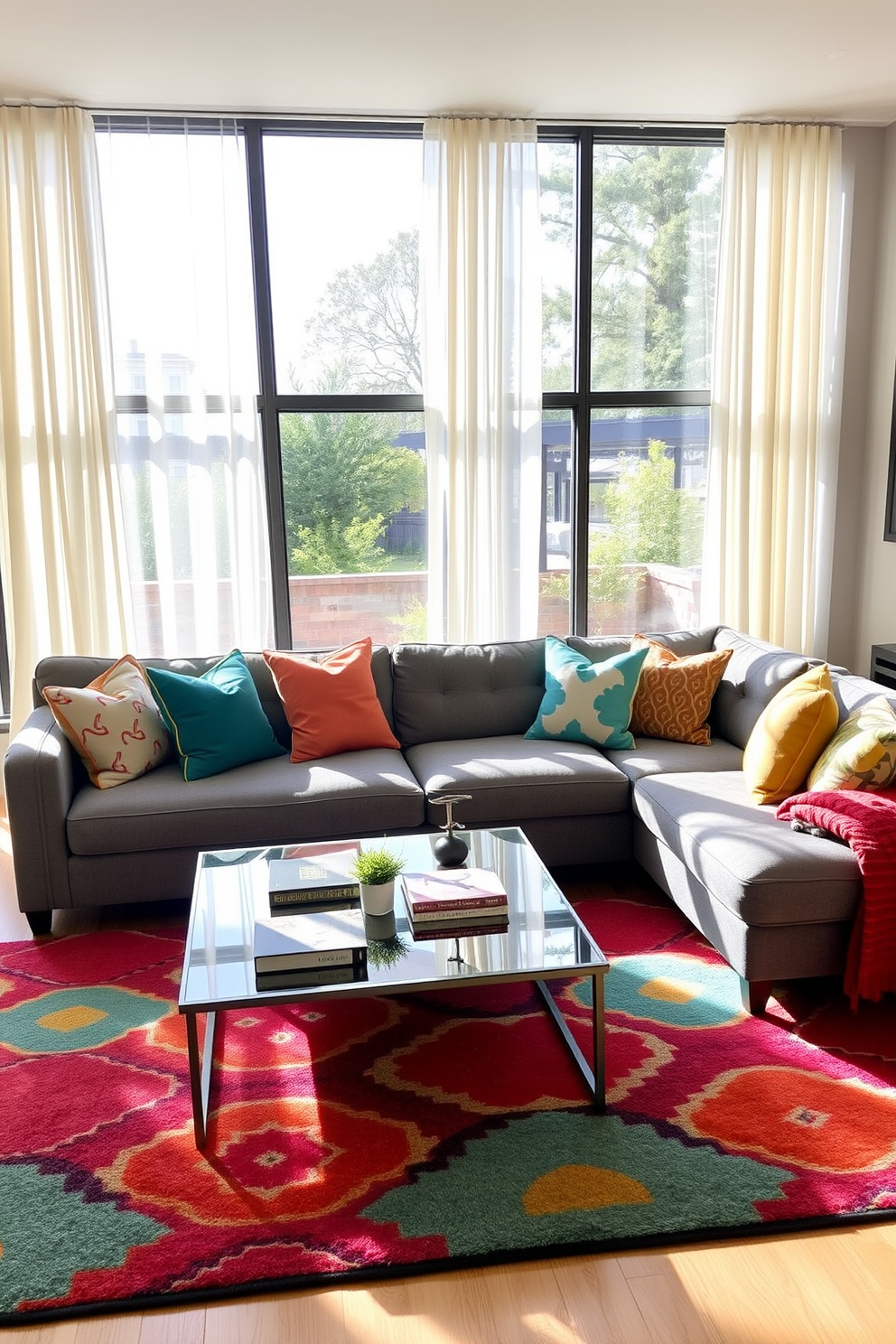 A cozy gray sectional sofa is positioned in the center of a welcoming living room. Colorful throw pillows and a vibrant area rug add pops of color, creating a warm and inviting atmosphere. Natural light floods the space through large windows adorned with soft, sheer curtains. A stylish coffee table sits in front of the sectional, complemented by a few decorative books and a small plant.