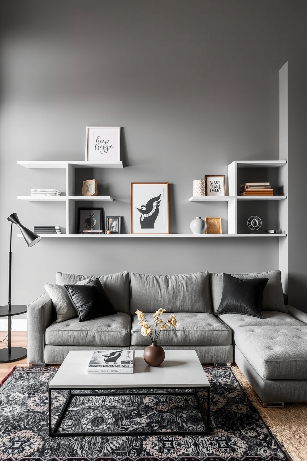 A stylish gray living room featuring open shelves against a gray backdrop, showcasing carefully curated decor items. The space is enhanced by a plush sectional sofa, a modern coffee table, and soft ambient lighting that creates a cozy atmosphere.