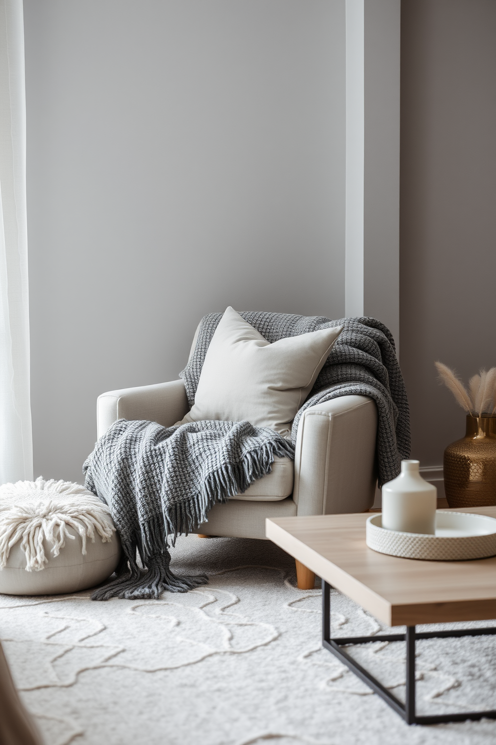 A cozy gray living room featuring a plush armchair adorned with layered gray throws. The room is accented with soft lighting and a minimalist coffee table, creating a serene and inviting atmosphere.