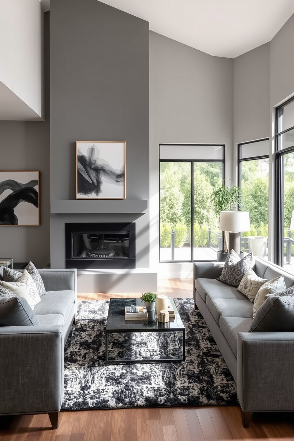 A stylish gray living room featuring a striking gray fireplace mantel as the focal point. The walls are adorned with soft gray tones, complemented by plush seating in varying shades of gray and accented with vibrant throw pillows.