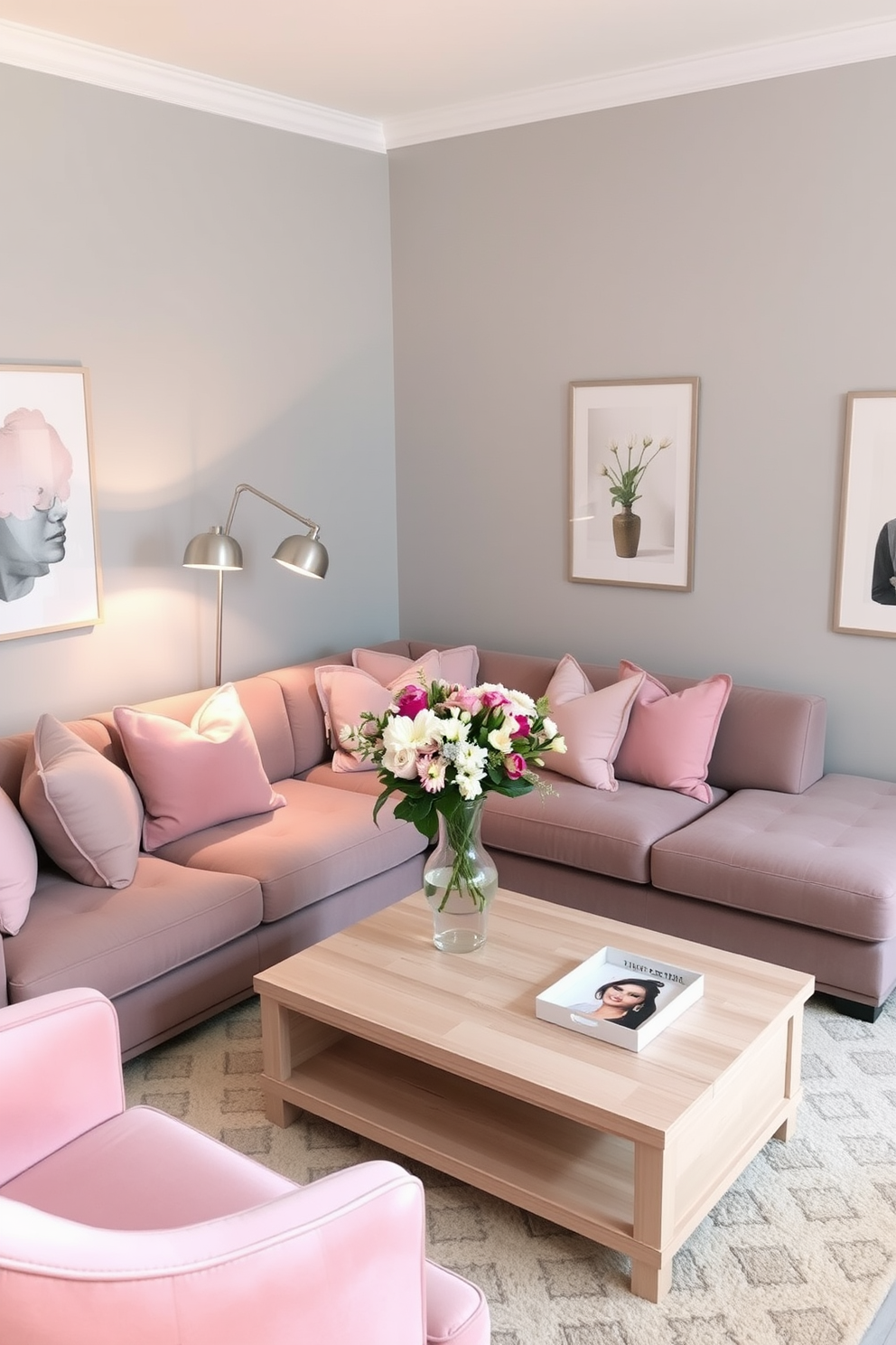 A stylish living room featuring a gray and blush pink color palette. The walls are painted in a soft gray, while the furniture is upholstered in blush pink fabric, creating a warm and inviting atmosphere. A plush gray sectional sofa is paired with a blush pink accent chair, enhancing the room's elegance. Decorative pillows in varying shades of pink and gray are scattered across the sofa, adding texture and comfort. A sleek coffee table in a light wood finish sits at the center, adorned with a chic vase filled with fresh flowers. Soft lighting from a modern floor lamp casts a cozy glow, highlighting the art pieces on the walls.