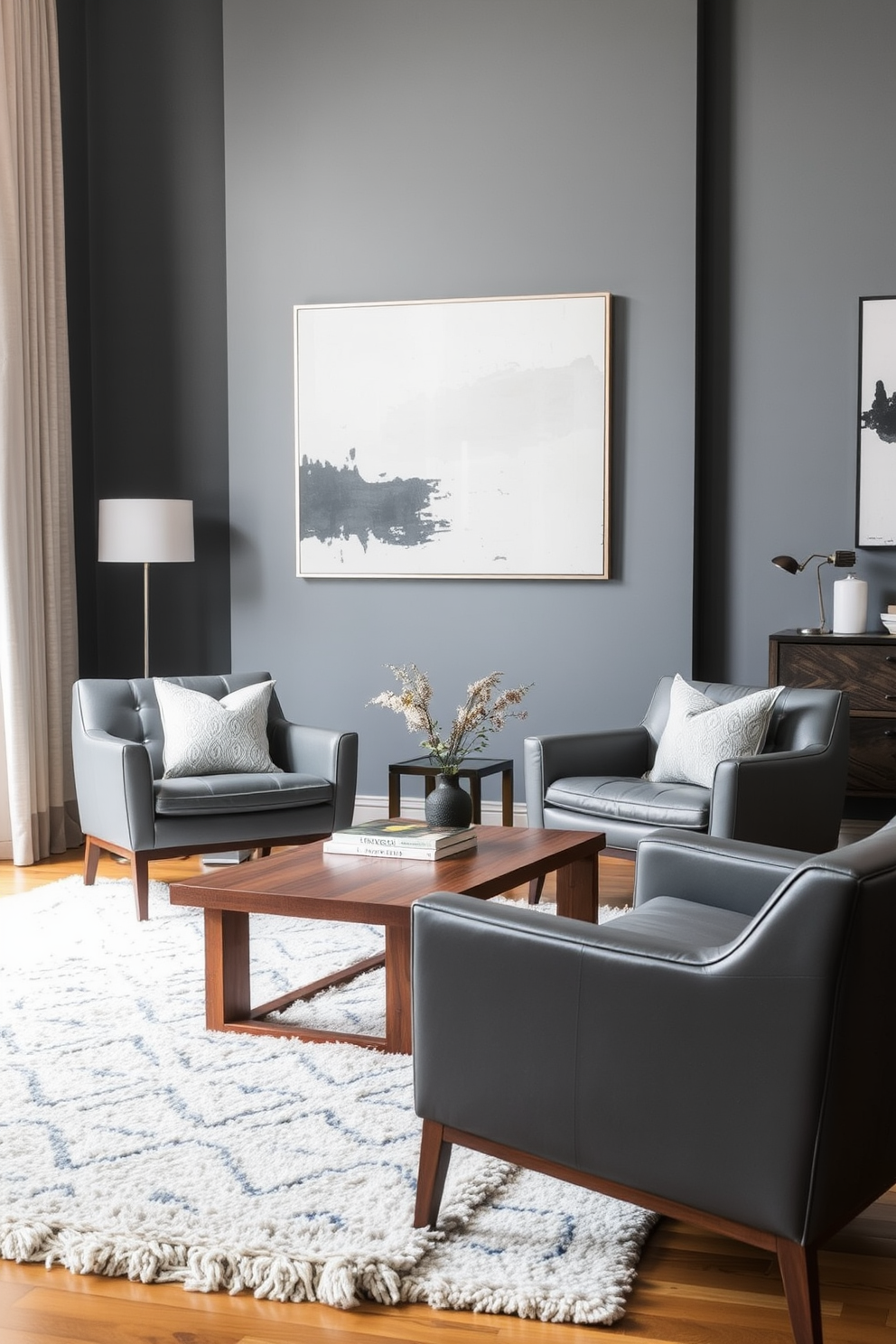 A stylish gray living room featuring open shelving that showcases a curated collection of books and decorative objects. The walls are painted in a soft gray tone, and a plush sectional sofa in a complementary shade invites relaxation.