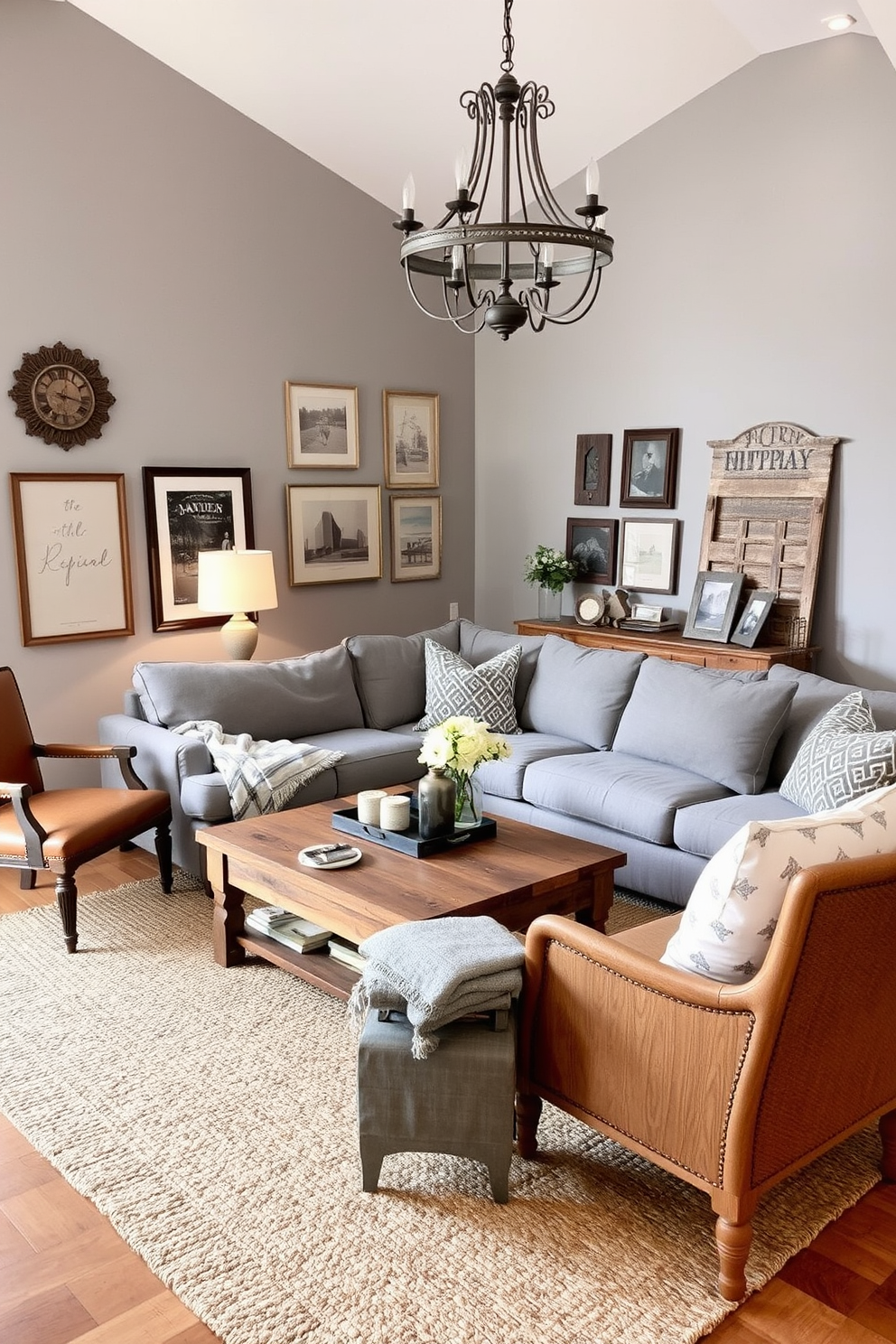 A modern gray living room featuring a plush sectional sofa adorned with mustard yellow throw pillows. A sleek coffee table sits in the center, surrounded by a soft area rug that complements the color scheme. On the walls, abstract art pieces in gray and mustard yellow add visual interest. Large windows allow natural light to flood the space, enhancing the warm and inviting atmosphere.