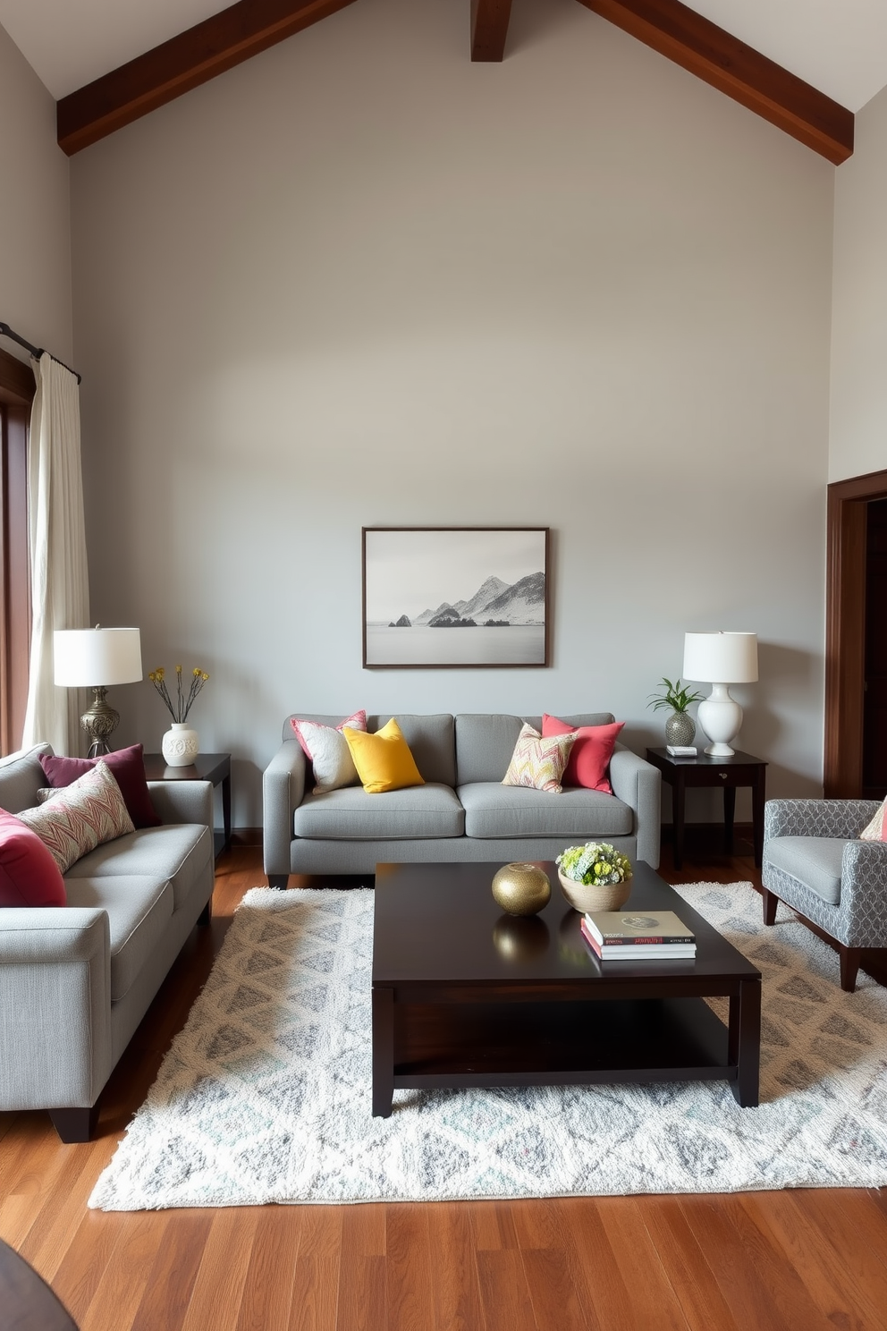 Elegant gray walls with white trim create a serene backdrop for a stylish living room. A plush white sectional sofa is centered on a soft area rug, complemented by gold-accented coffee tables and modern art pieces.