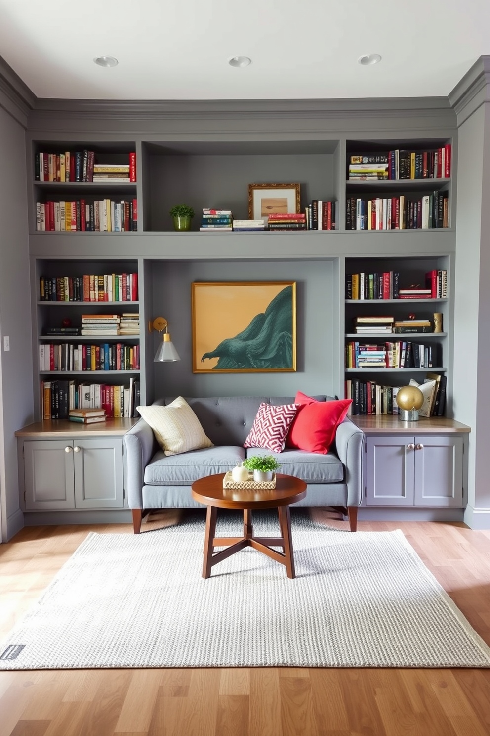 Cozy gray nook with built-in bookshelves. Soft gray walls create a warm atmosphere, while the built-in bookshelves are filled with an array of books and decorative items. A plush gray sofa is positioned in the center, adorned with colorful throw pillows for a pop of color. A small round coffee table sits in front, complemented by a textured area rug that adds warmth to the space.