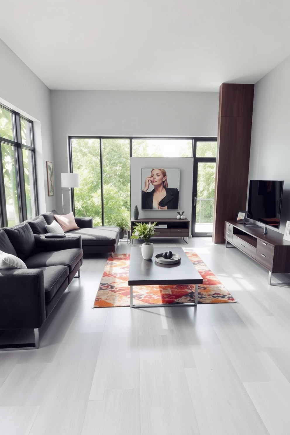 A modern living room featuring light gray flooring that contrasts with dark wooden furniture. The space includes a plush dark sofa, a sleek coffee table, and a stylish media console, creating a cozy yet elegant atmosphere. Large windows allow natural light to flood the room, highlighting the soft gray walls and enhancing the overall brightness. Decorative elements such as a colorful area rug and contemporary artwork add personality and warmth to the design.