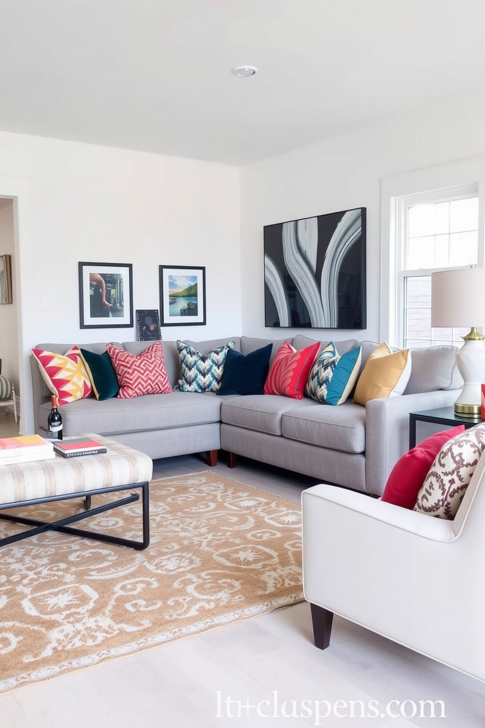 A transitional gray sofa is the centerpiece of the living room, adorned with an array of colorful throw pillows that add vibrancy to the space. The walls are painted in a soft white, creating a bright and airy atmosphere, while a stylish area rug anchors the seating arrangement.