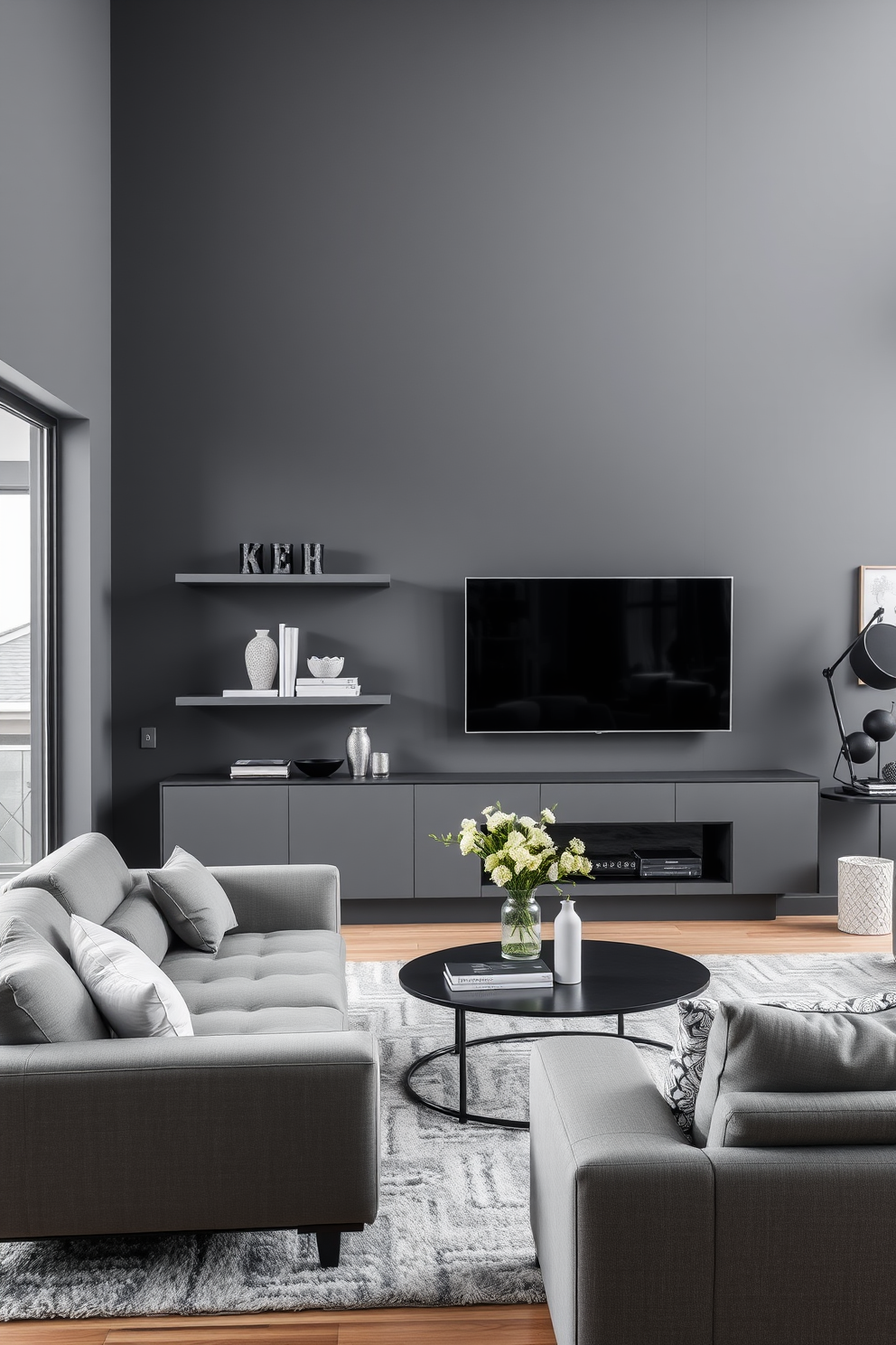 A modern gray living room featuring a striking gray accent wall adorned with sleek floating shelves. The space is filled with plush seating arrangements, complemented by stylish decor items displayed on the shelves.