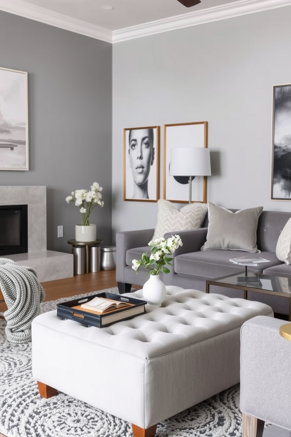 A bright gray living room features a sleek sectional sofa adorned with textured throw pillows. In the corner, a tall potted plant adds a vibrant splash of green against the neutral backdrop. The walls are painted in a soft gray, creating a calming atmosphere. A minimalist coffee table sits in the center, complemented by a cozy area rug that ties the space together.