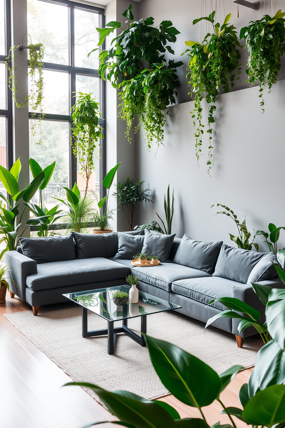 A modern gray living room filled with lush green plants. The space features a plush gray sectional sofa paired with a sleek glass coffee table, while various indoor plants are strategically placed around the room to bring a fresh and vibrant feel.