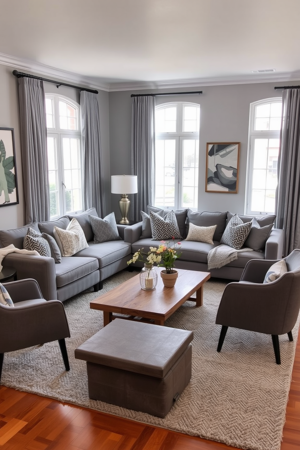 A cozy living room featuring layered gray textures that create a warm and inviting atmosphere. The space includes a plush gray sectional sofa adorned with soft throw pillows, a textured area rug underfoot, and elegant gray curtains framing the windows. Incorporate a stylish coffee table made of reclaimed wood, surrounded by contemporary accent chairs in varying shades of gray. The walls are painted in a soft gray hue, complemented by artwork that adds depth and character to the room.