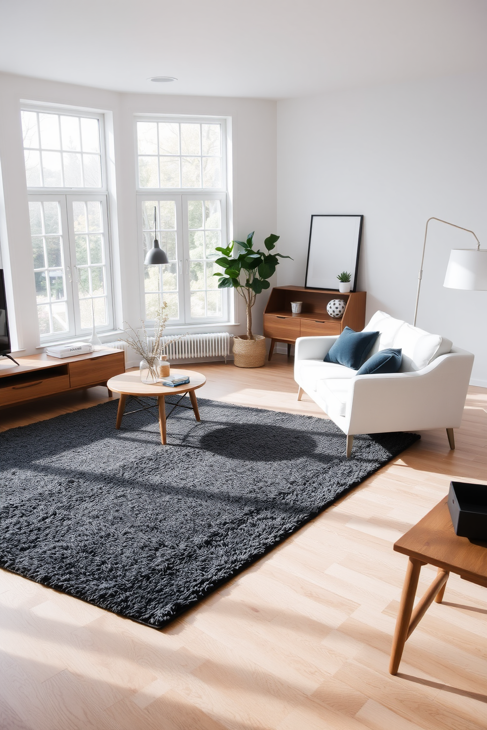 A modern living room featuring a charcoal gray rug that anchors the space, complementing a plush white sofa positioned for optimal comfort. Soft natural light filters through large windows, illuminating the room's minimalist decor and accentuating the warm tones of wooden furniture.