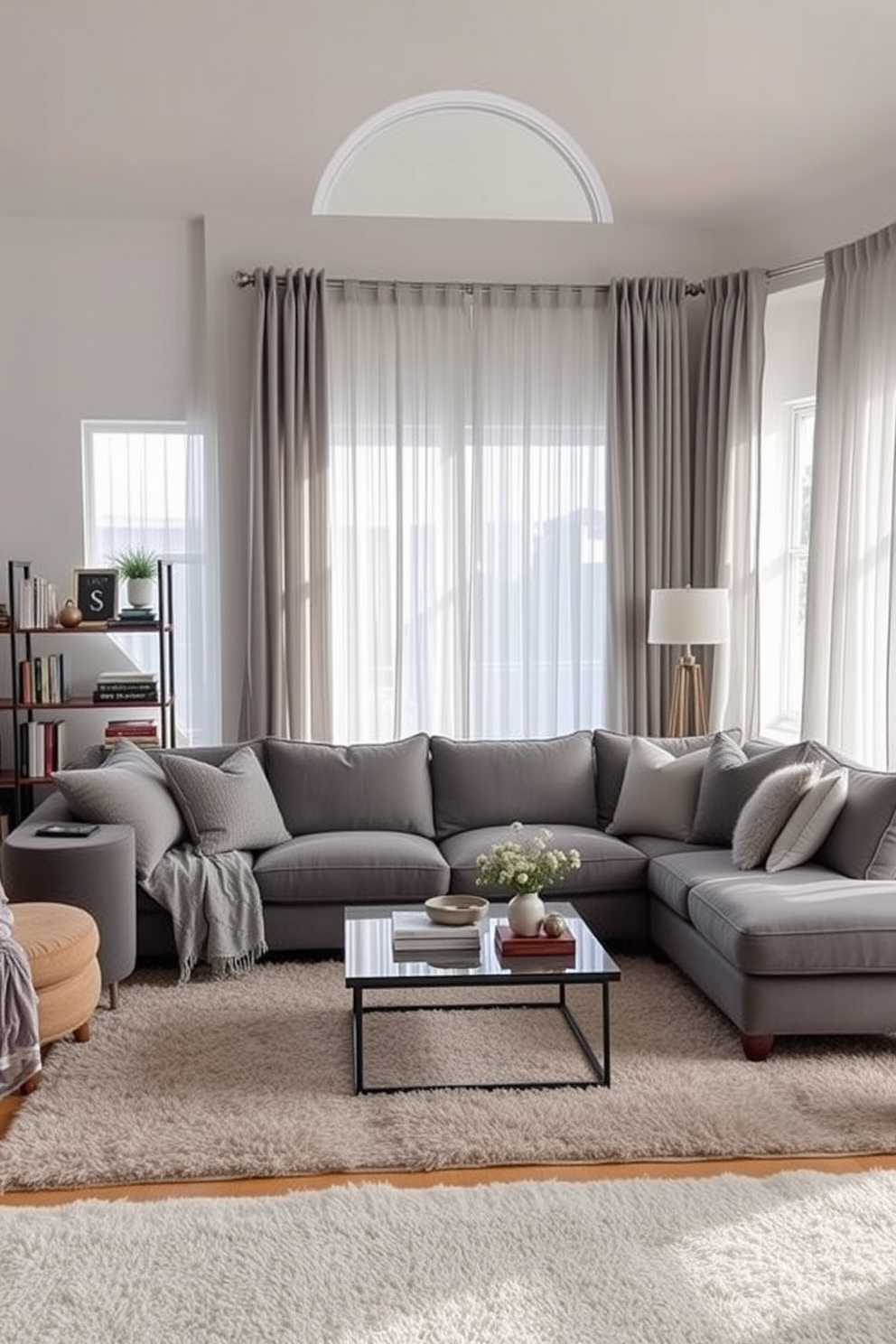 A cozy living room adorned with soft gray curtains that gently filter sunlight, creating a serene atmosphere. The space features a plush sectional sofa, accentuated by textured throw pillows in varying shades of gray and a sleek coffee table at the center. Warm wood accents complement the gray tones, with a stylish bookshelf filled with curated decor and books. A soft area rug anchors the seating arrangement, enhancing the inviting feel of the room.