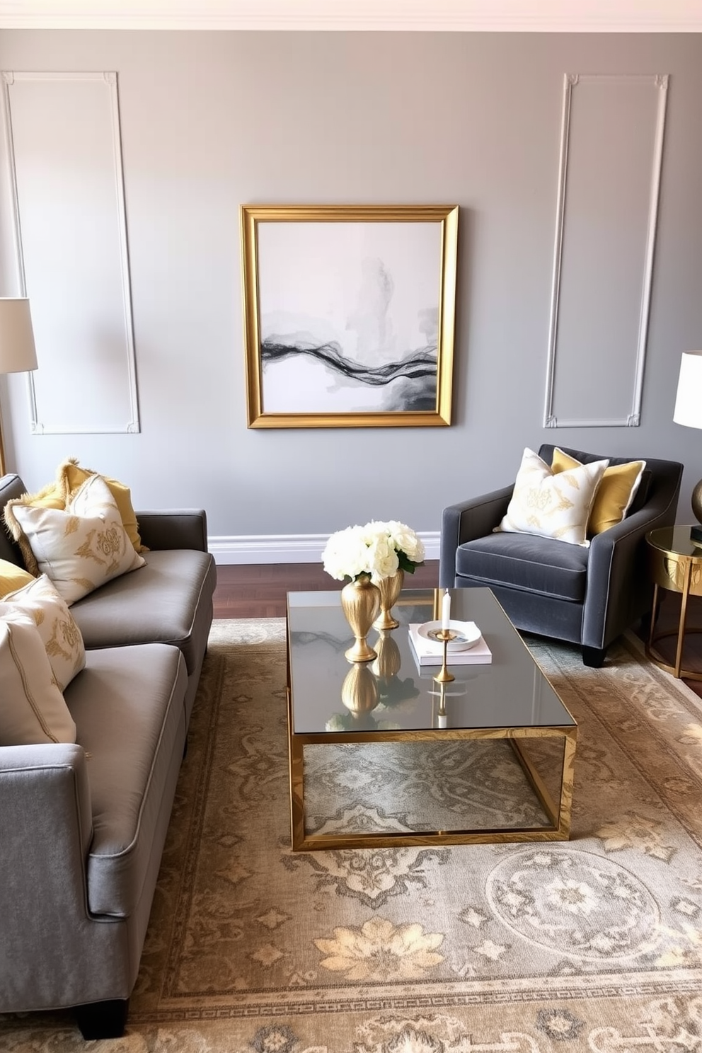 Bright artwork against a gray backdrop. The living room features a soft gray sofa with colorful throw pillows, and a stylish coffee table sits in the center.