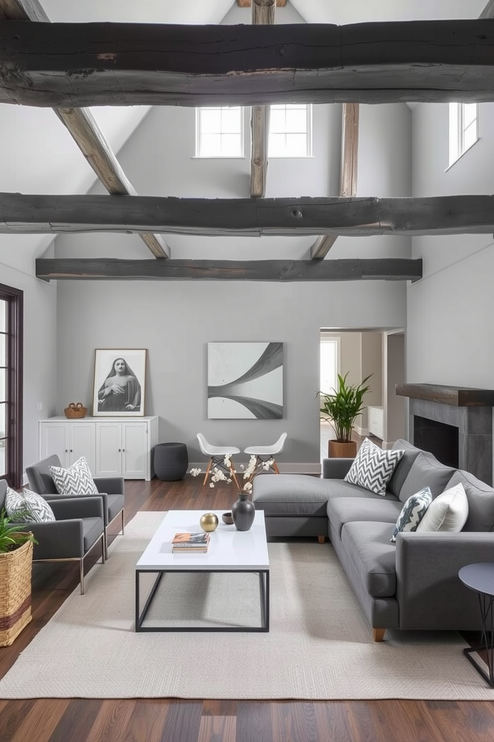 A cozy gray living room featuring rustic gray beams that add character to the space. The room is furnished with modern pieces including a sleek sectional sofa and a minimalist coffee table, creating a perfect blend of comfort and style.