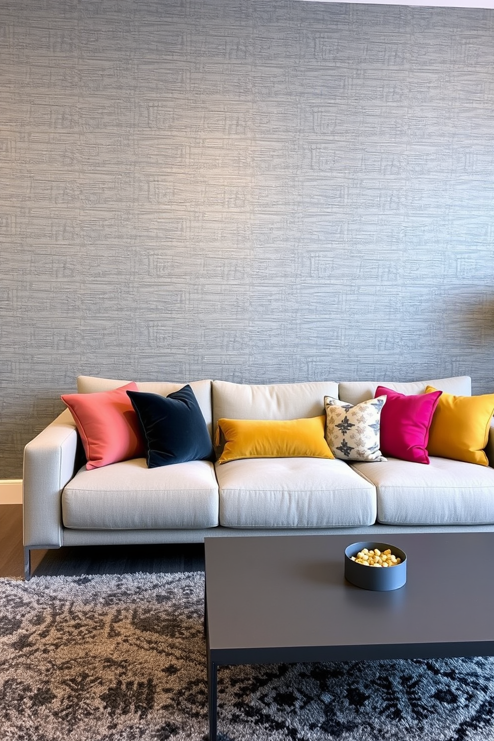 A stylish gray living room featuring textured gray wallpaper that adds depth and sophistication to the space. The room is furnished with a plush gray sofa, accented by vibrant throw pillows, and a sleek coffee table sits in front of it.