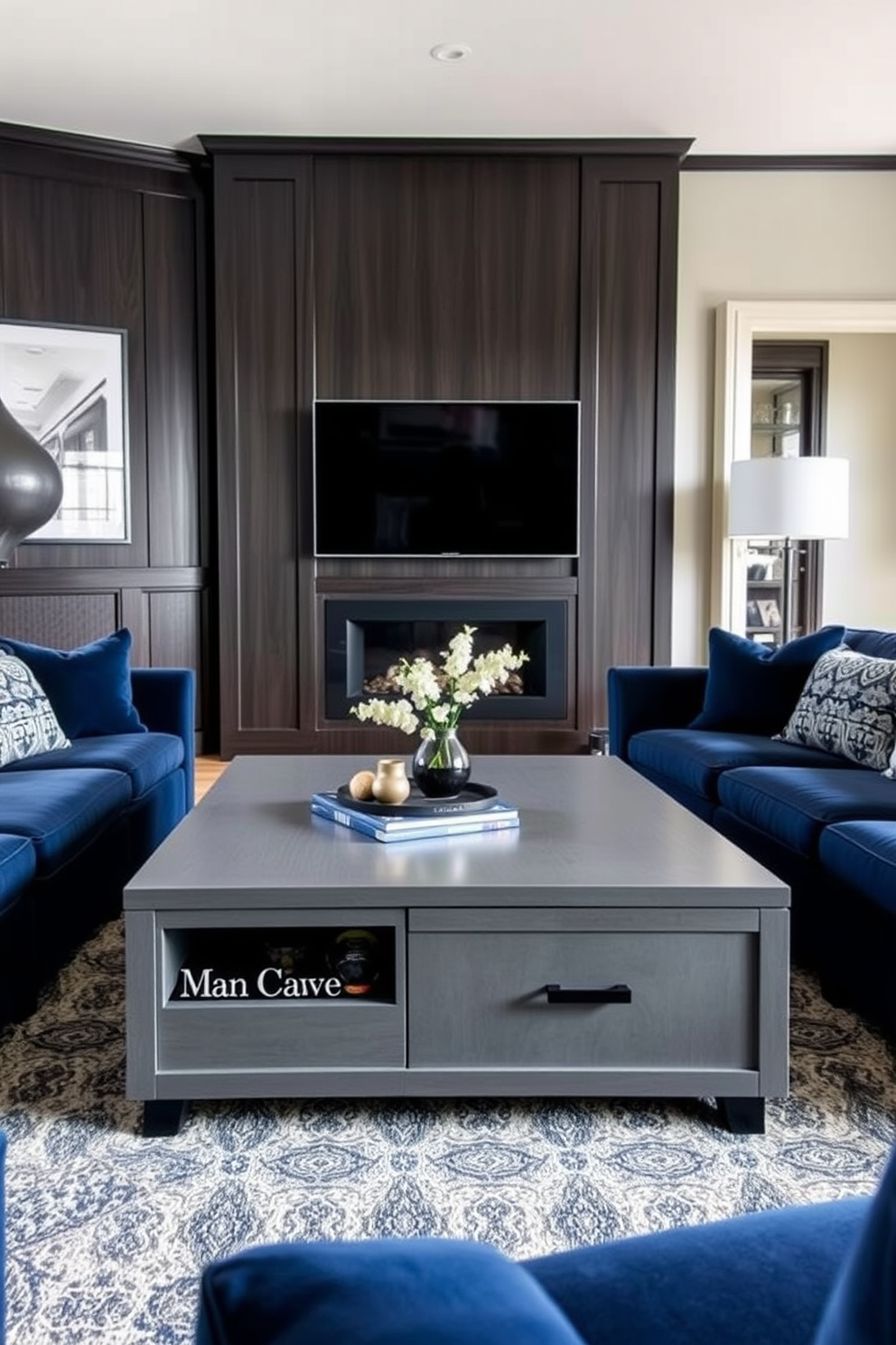 A sleek gaming station setup featuring a gray and black color scheme. The desk is equipped with multiple monitors, a high-end gaming chair, and ambient LED lighting that enhances the atmosphere. The walls are adorned with soundproof panels in dark gray, and a plush black rug covers the floor. Shelves display gaming memorabilia and a large flat-screen TV is mounted for immersive entertainment.